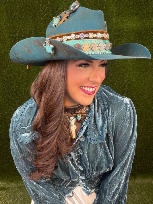The Peacock Cowboy Hat - Turquoise - Size Large