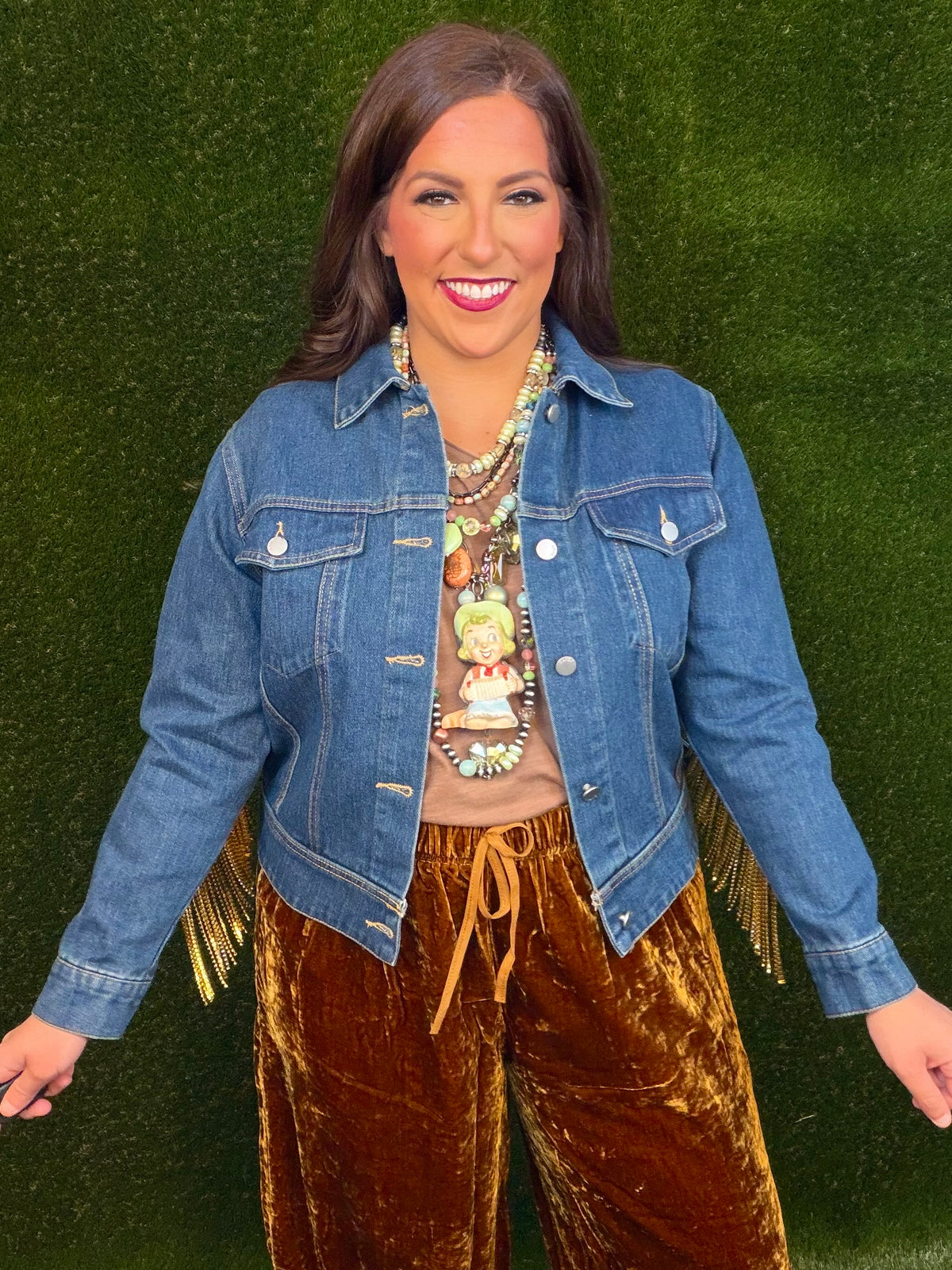 Gold Rhinestone Fringe Dark Denim Jean Jacket