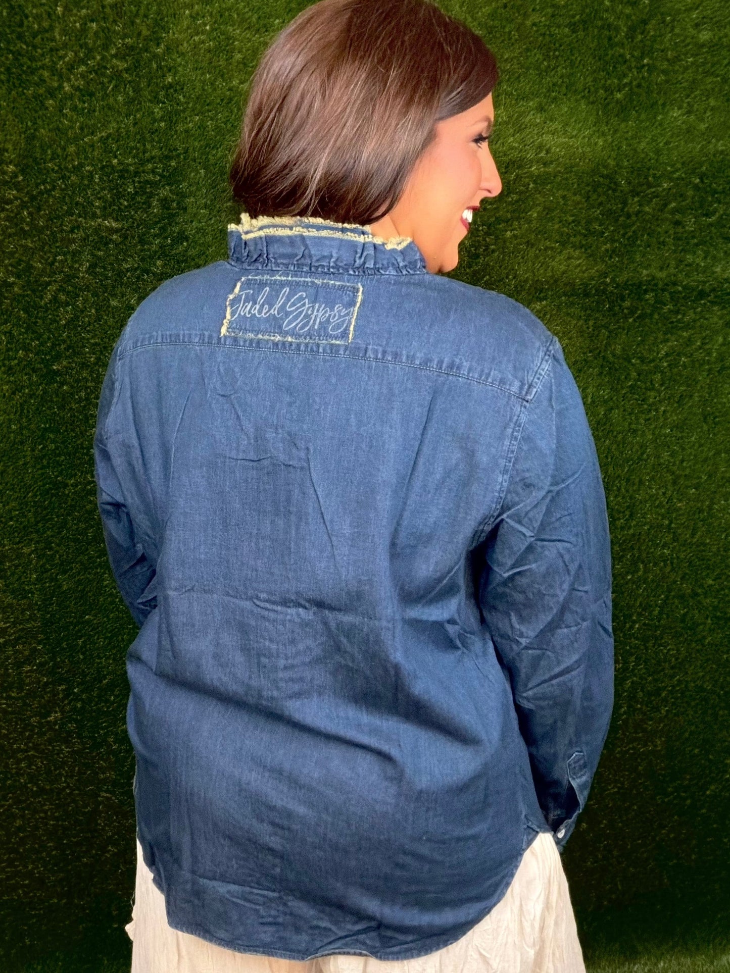 Cutting Edge Button-Up Top - Dark Denim