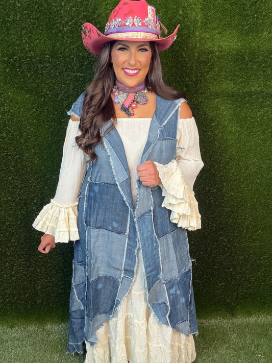Patchwork Skies Hooded Vest Duster