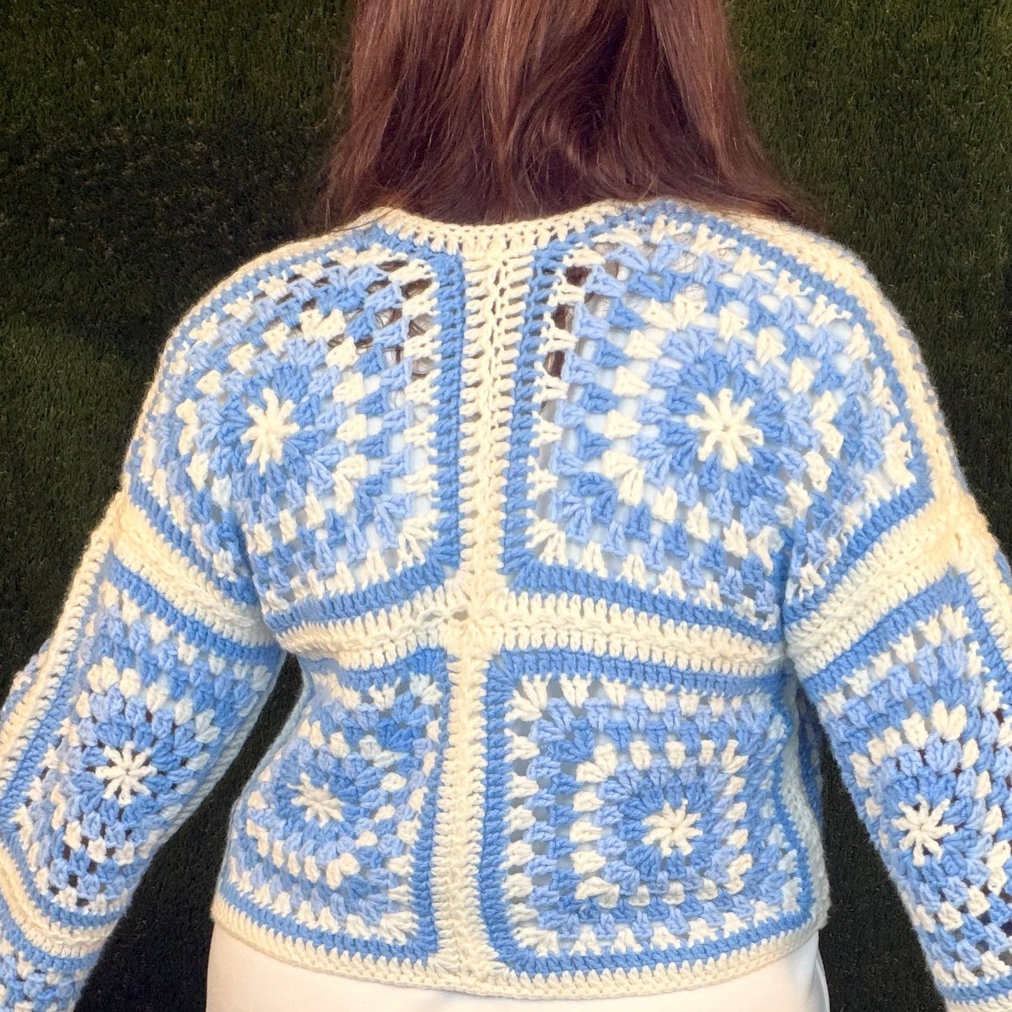 Granny Squares Cardigan - Baby Blue and Off-White