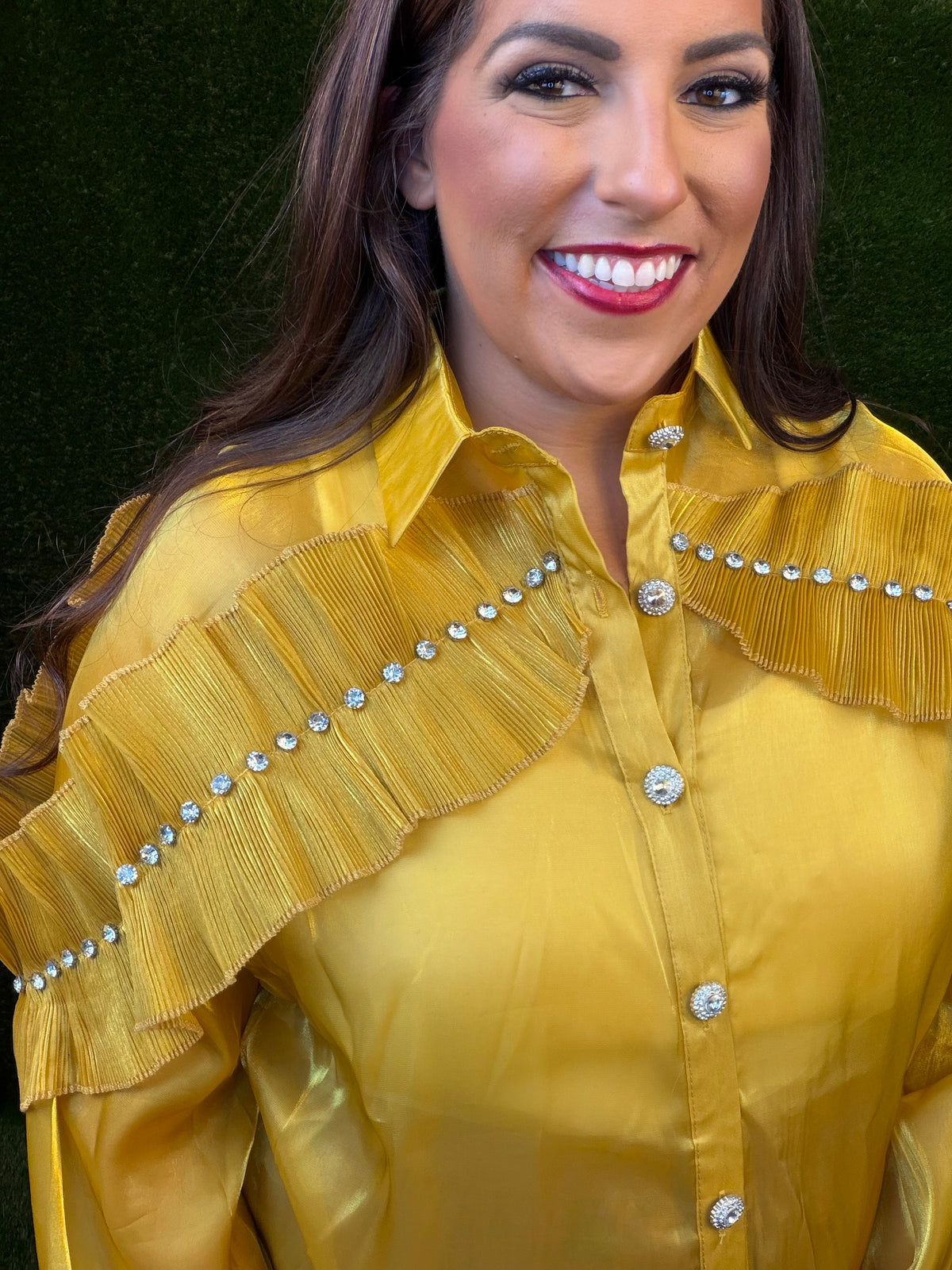 Mustard Gold Shimmer Ruffle Top