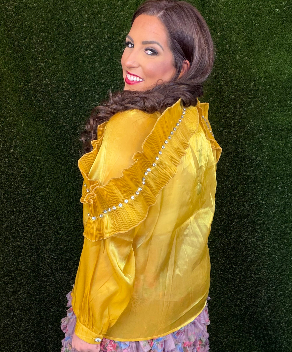 Mustard Gold Shimmer Ruffle Top