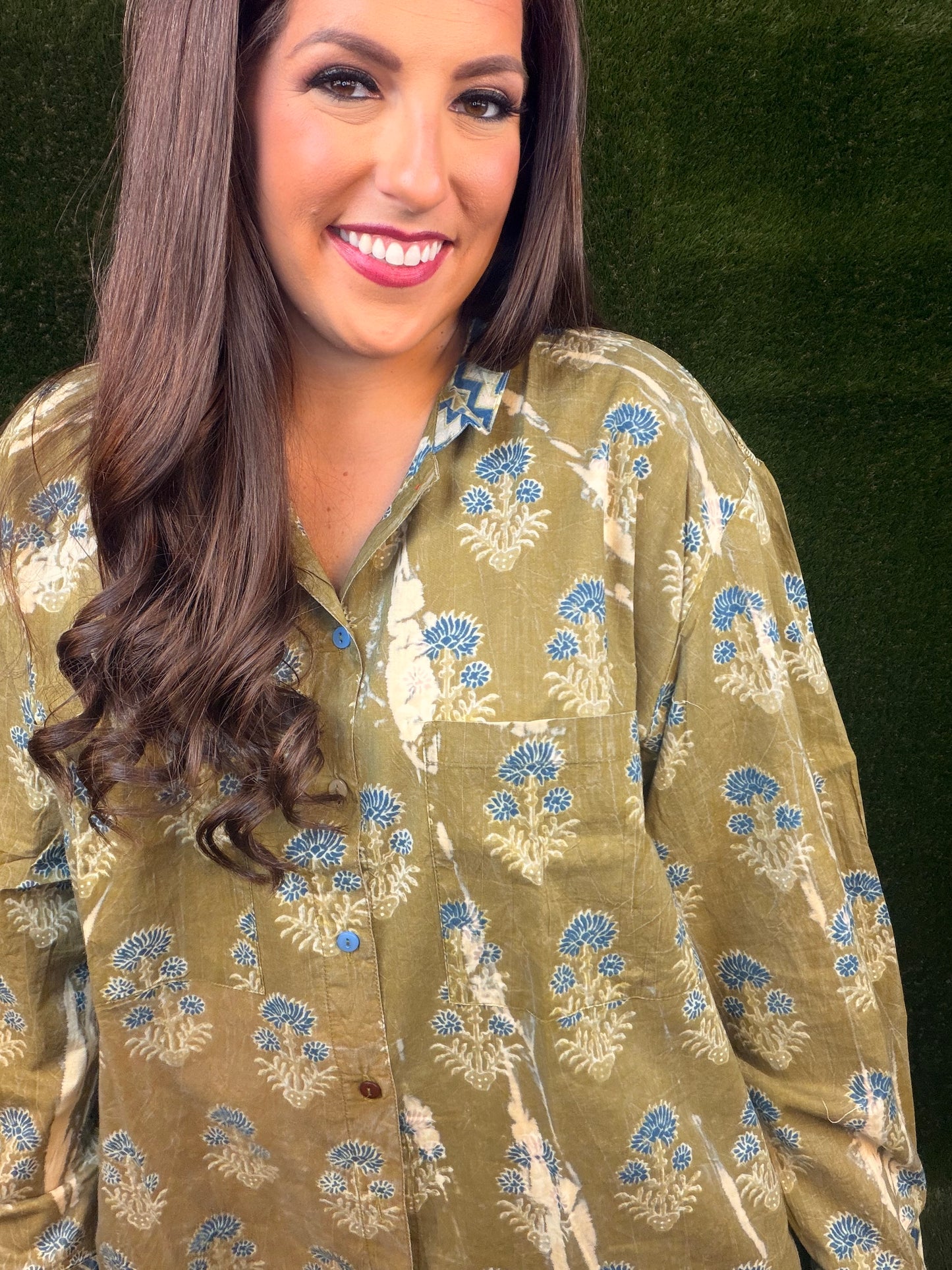 Peaceful Fields Button-Up Shirt - Olive Green with blue flowers