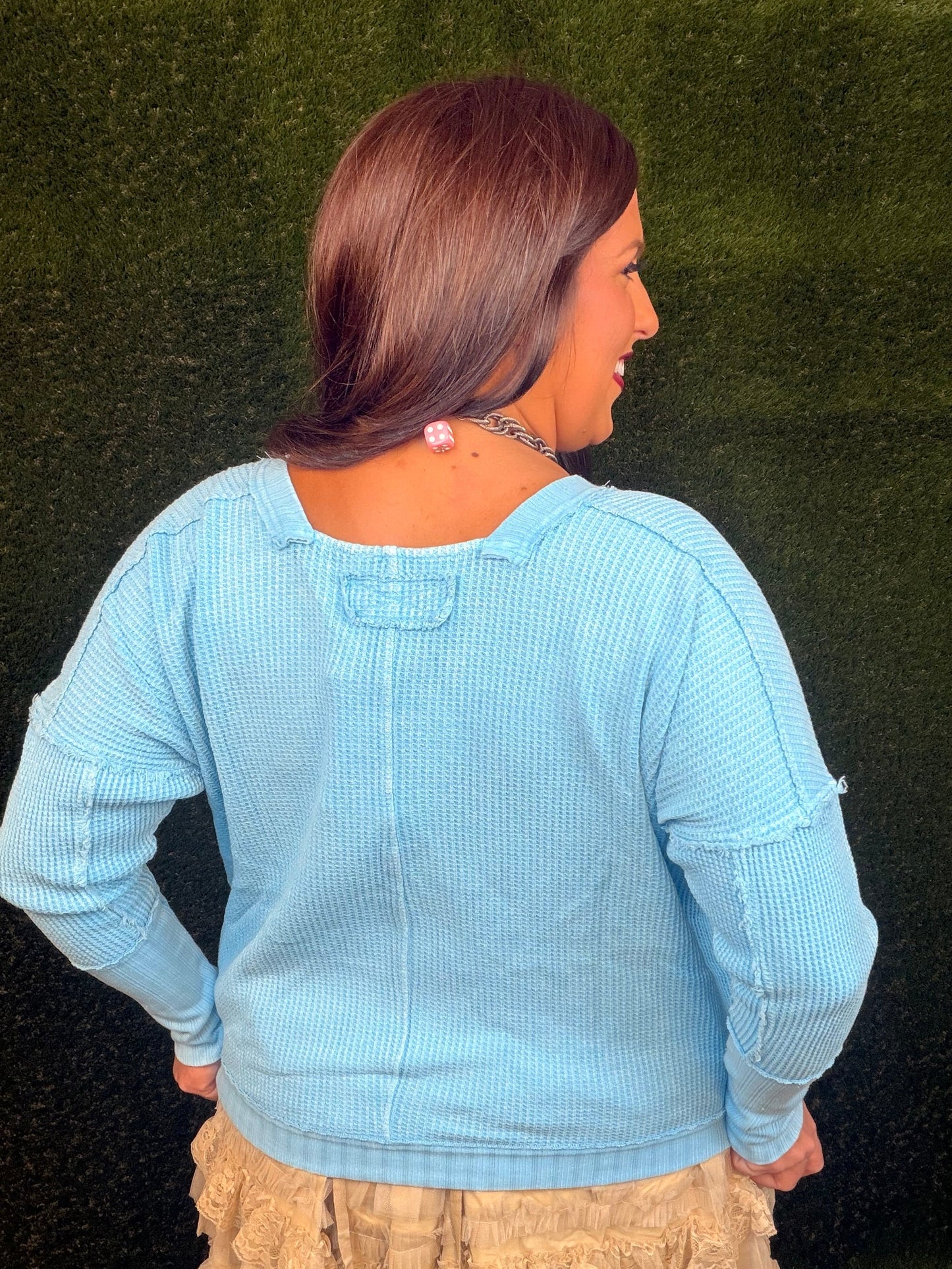 Waffle Round Neck Top - Aqua
