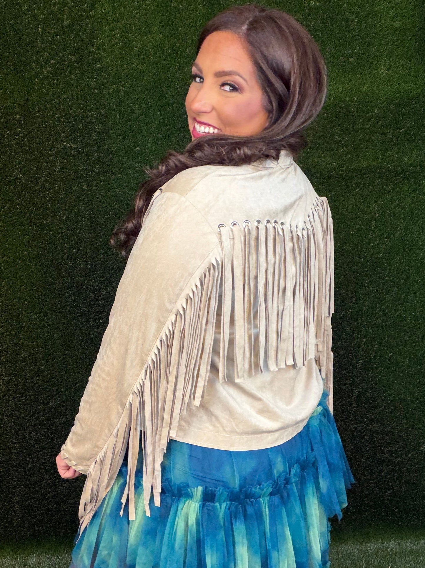 Party On Fringe Suede Jacket - Beige