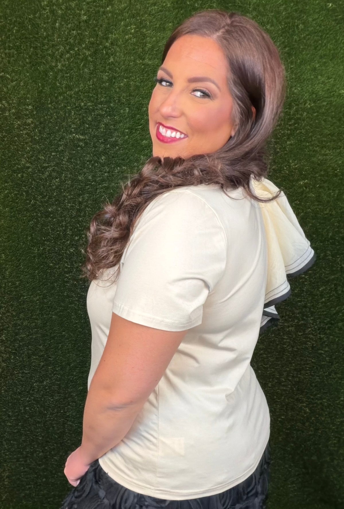 Ruffle Me Away Top w/ Black Trim - Cream
