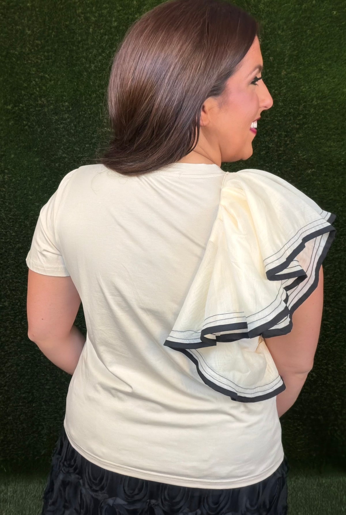 Ruffle Me Away Top w/ Black Trim - Cream