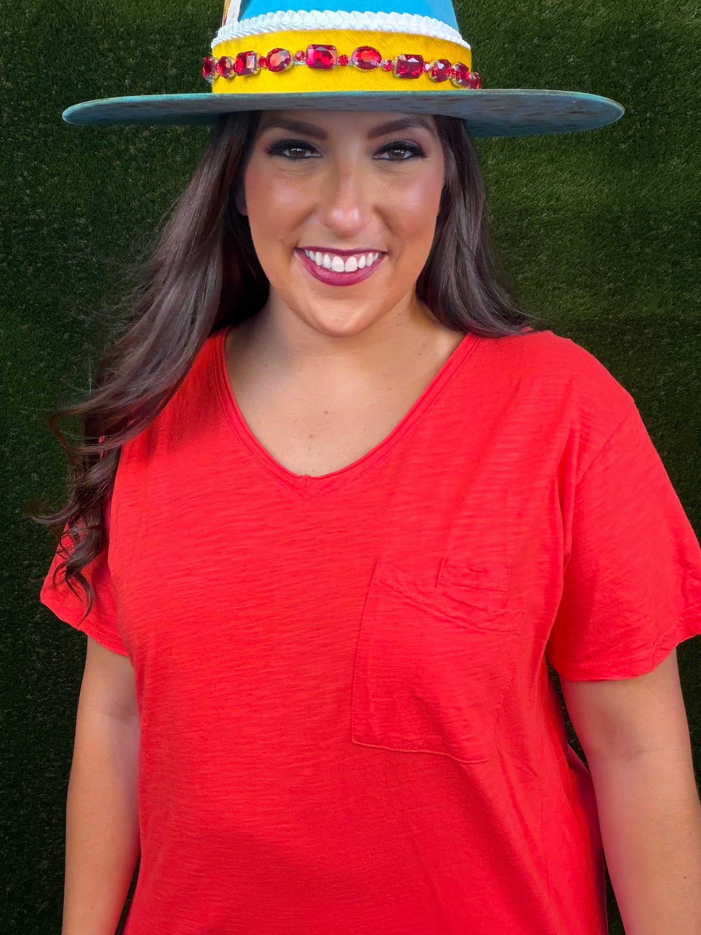 Moon Dance Solid V-Neck Tee - Red
