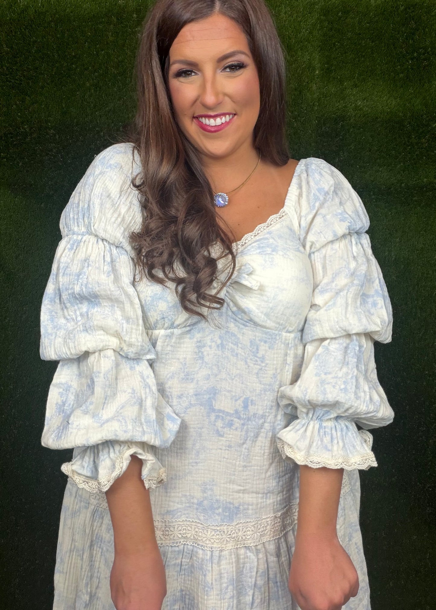 Chateau Romance Off-The-Shoulder Toile Midi Dress: Blue