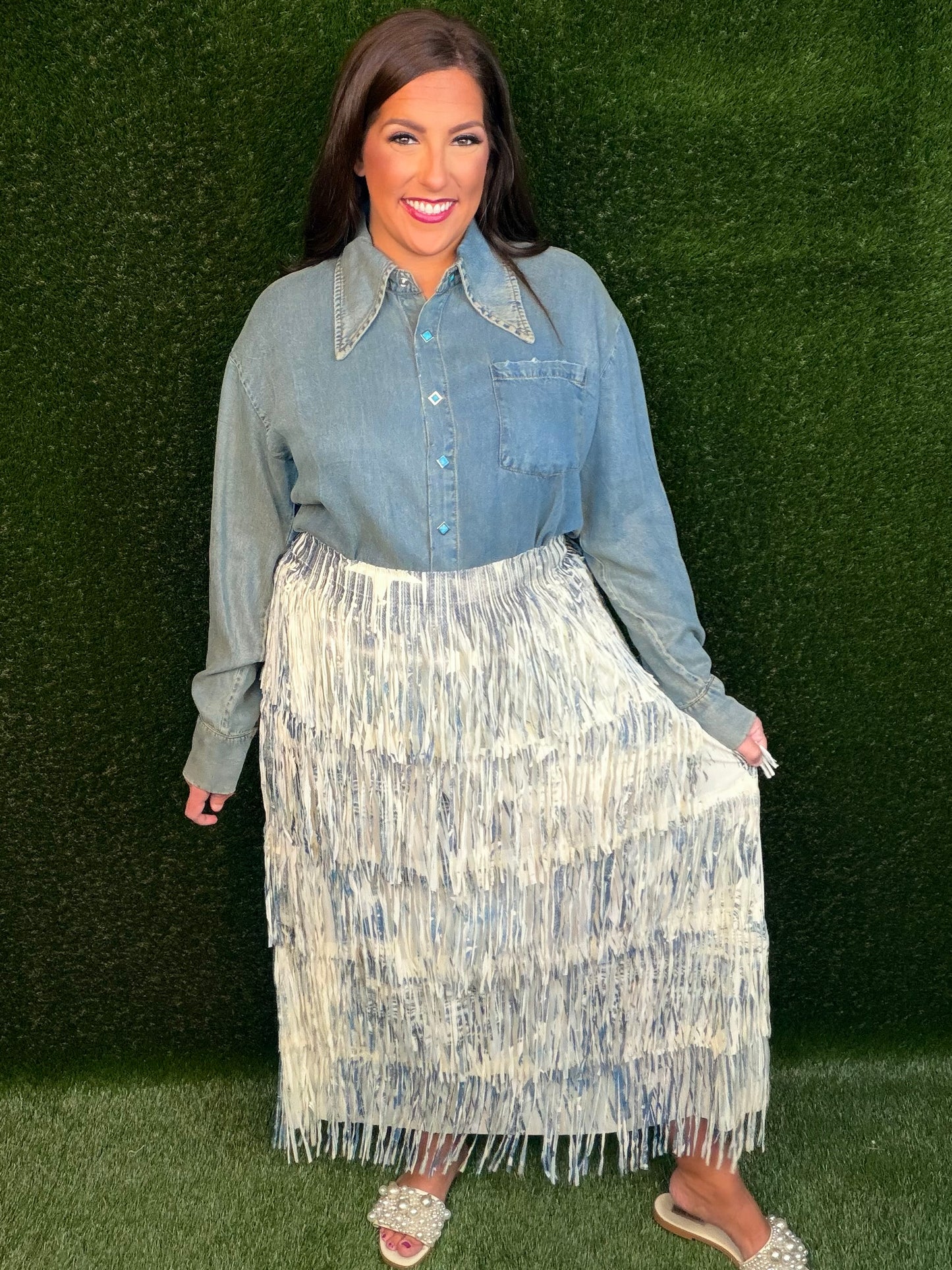 Stars Have Aligned Fringe Maxi Skirt - Denim Design