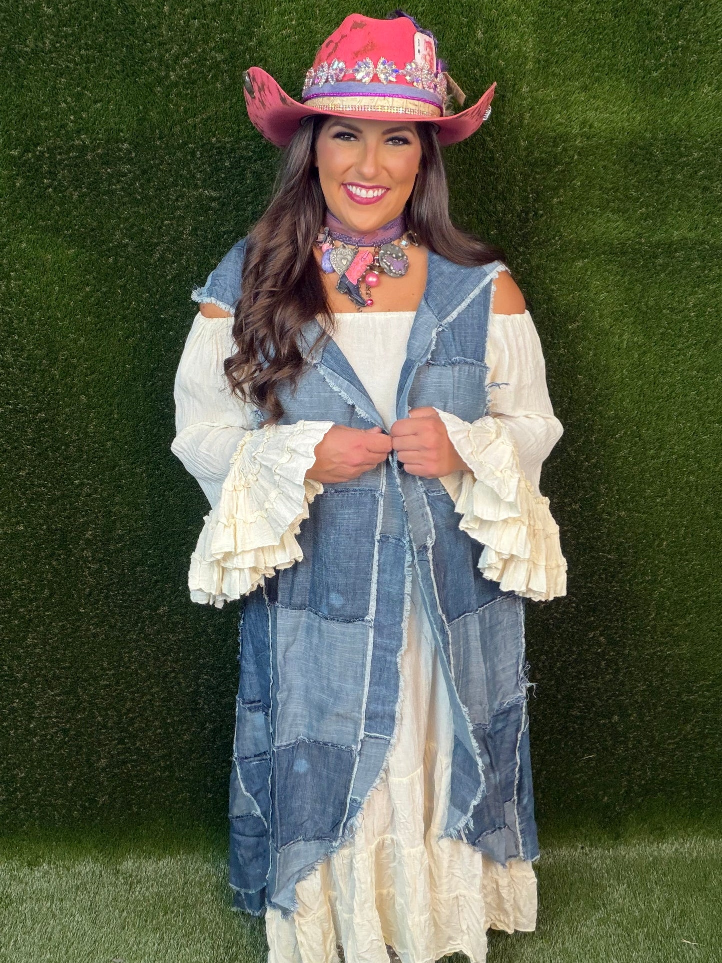 Patchwork Skies Hooded Vest Duster