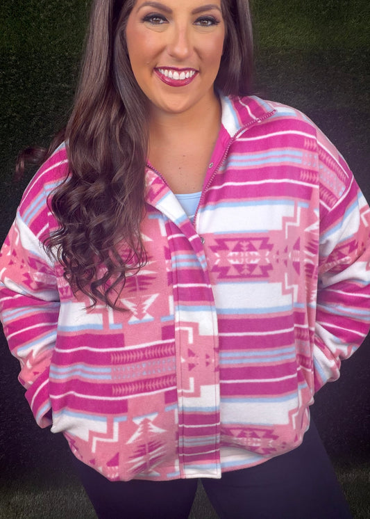 Aztec Soft Cozy Zip-Up Jacket - Pink