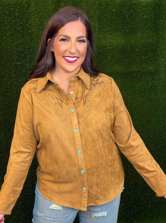 Suede Western Embellished Yoke Snap Up Blouse - Camel