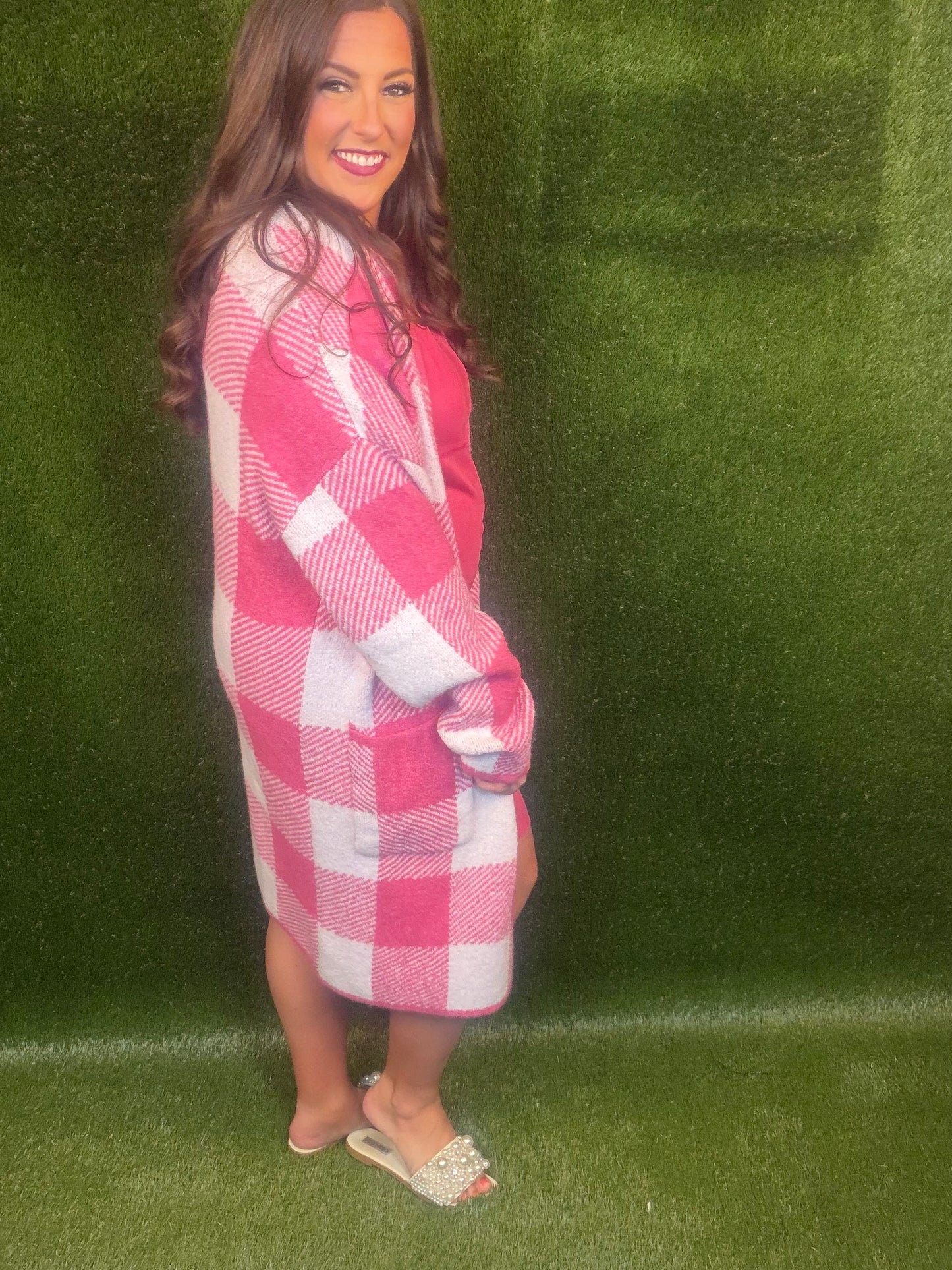 Gingham Pattern Soft Pocket Front Open Cardigan Sweater - Pink