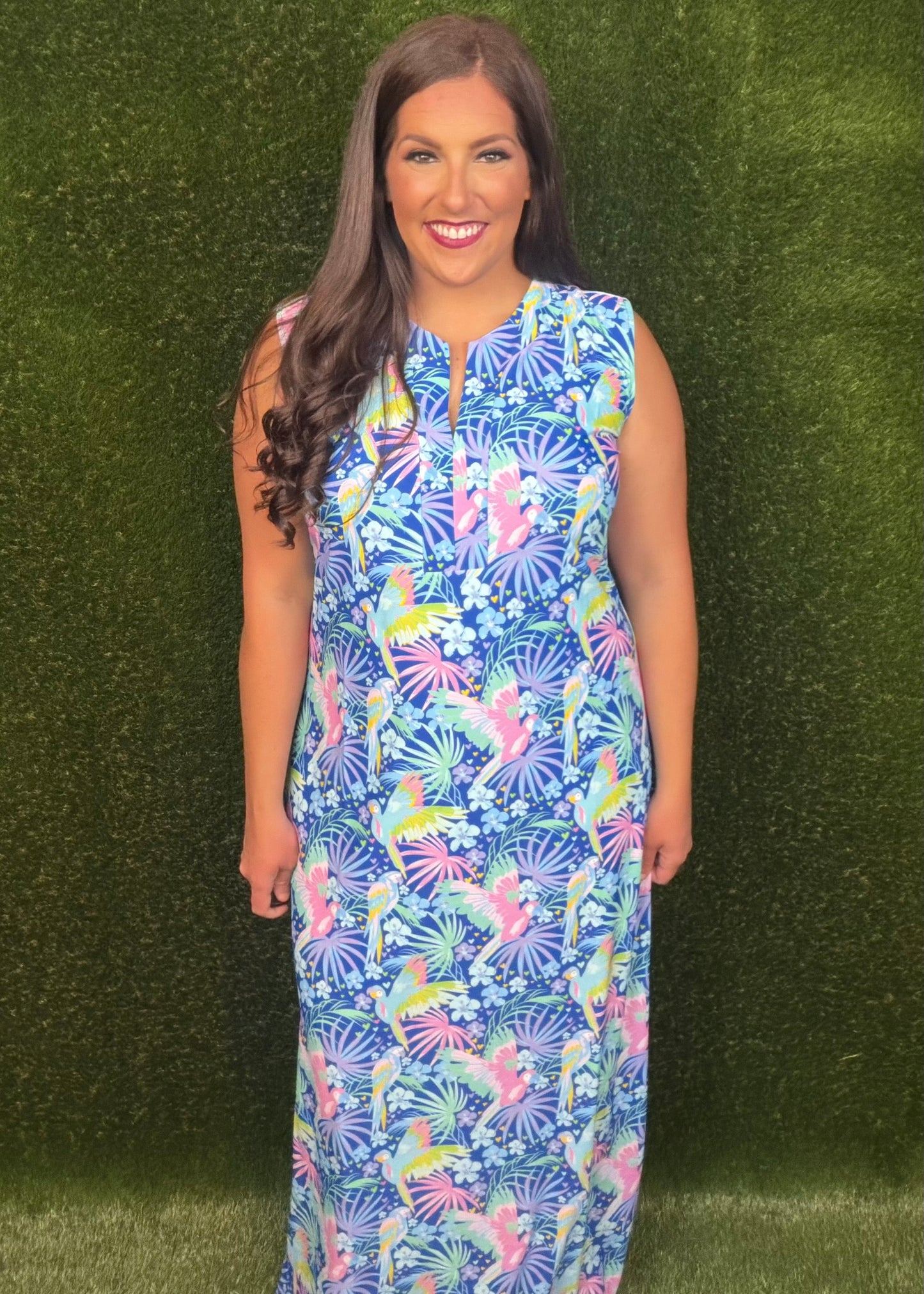 Parrot at Play Maxi Dress - Cobalt Blue