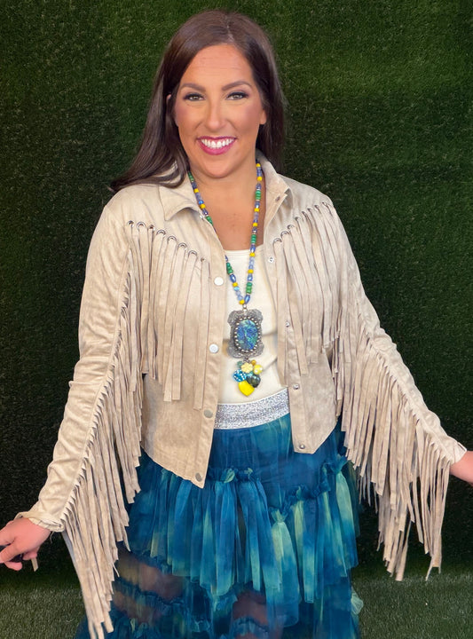Party On Fringe Suede Jacket - Beige