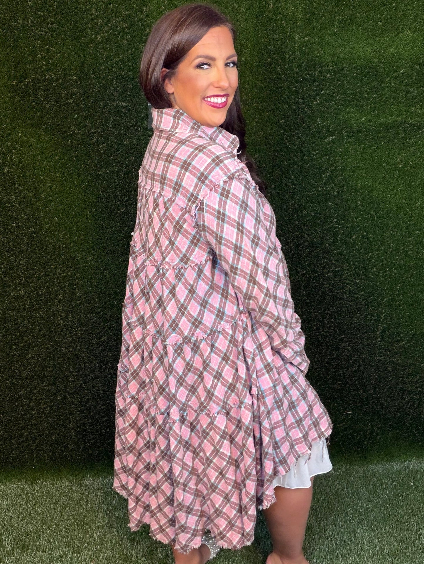 Tiered Check Plaid Dress - Pink/Light Aqua Blue