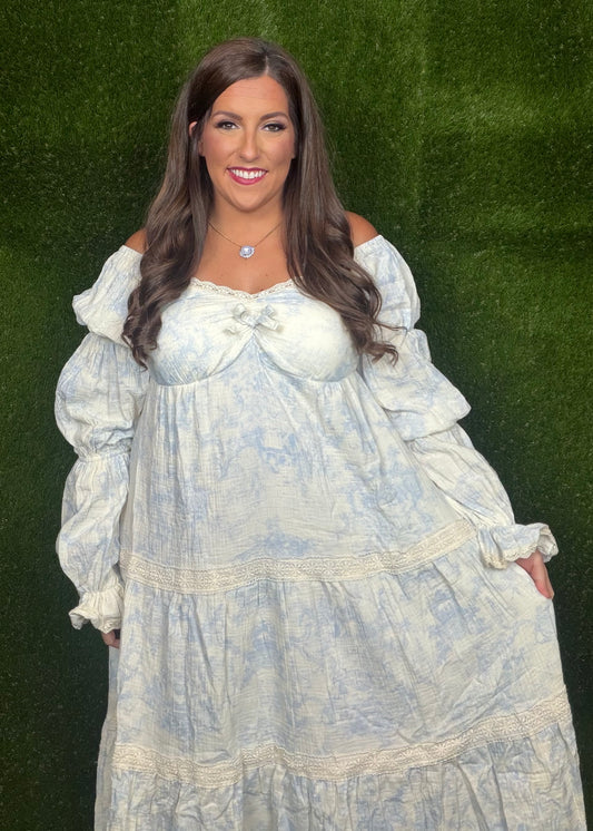 Chateau Romance Off-The-Shoulder Toile Midi Dress: Blue