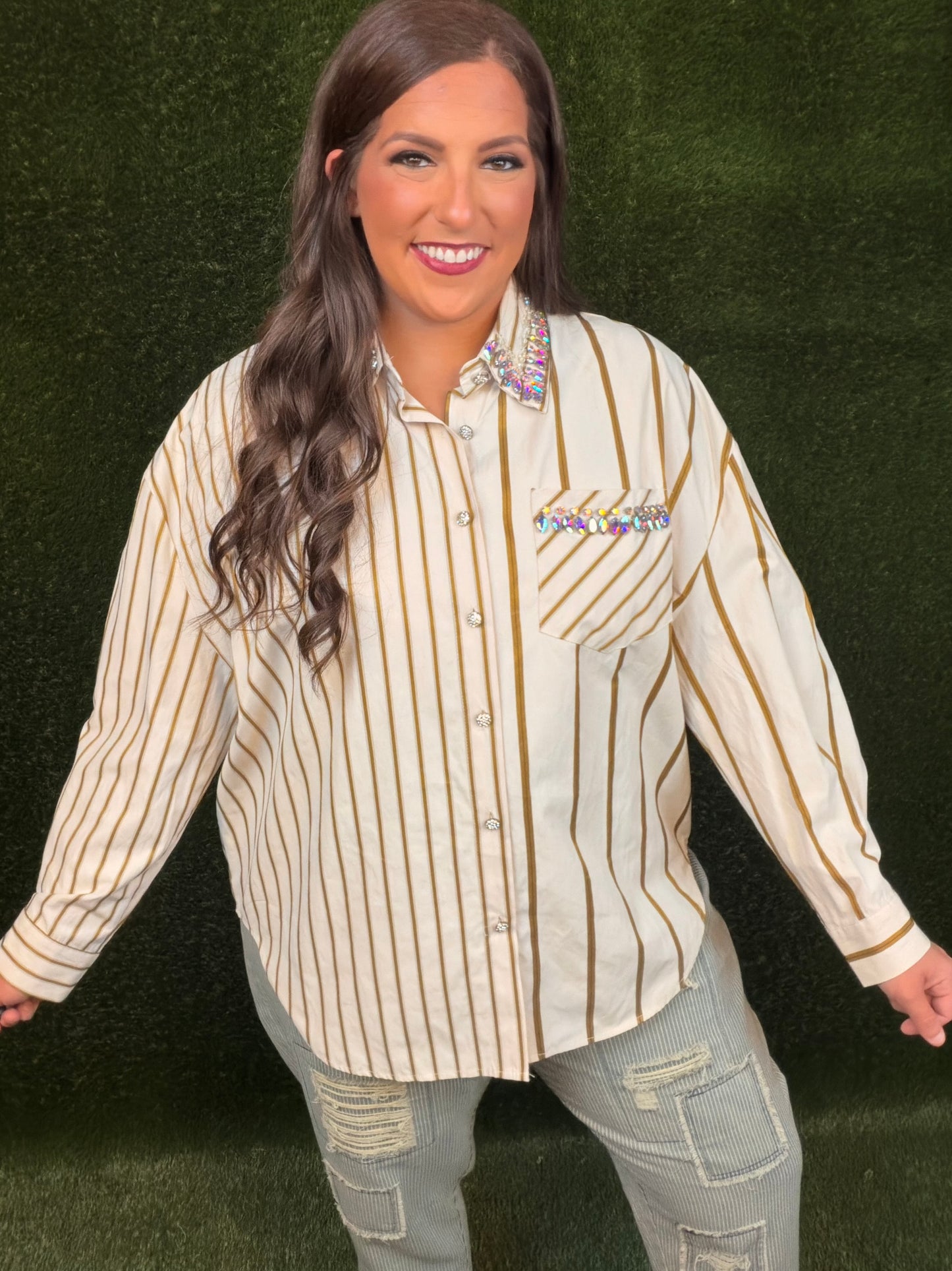 I Mean Business Button-Up - Gold Pinstripe