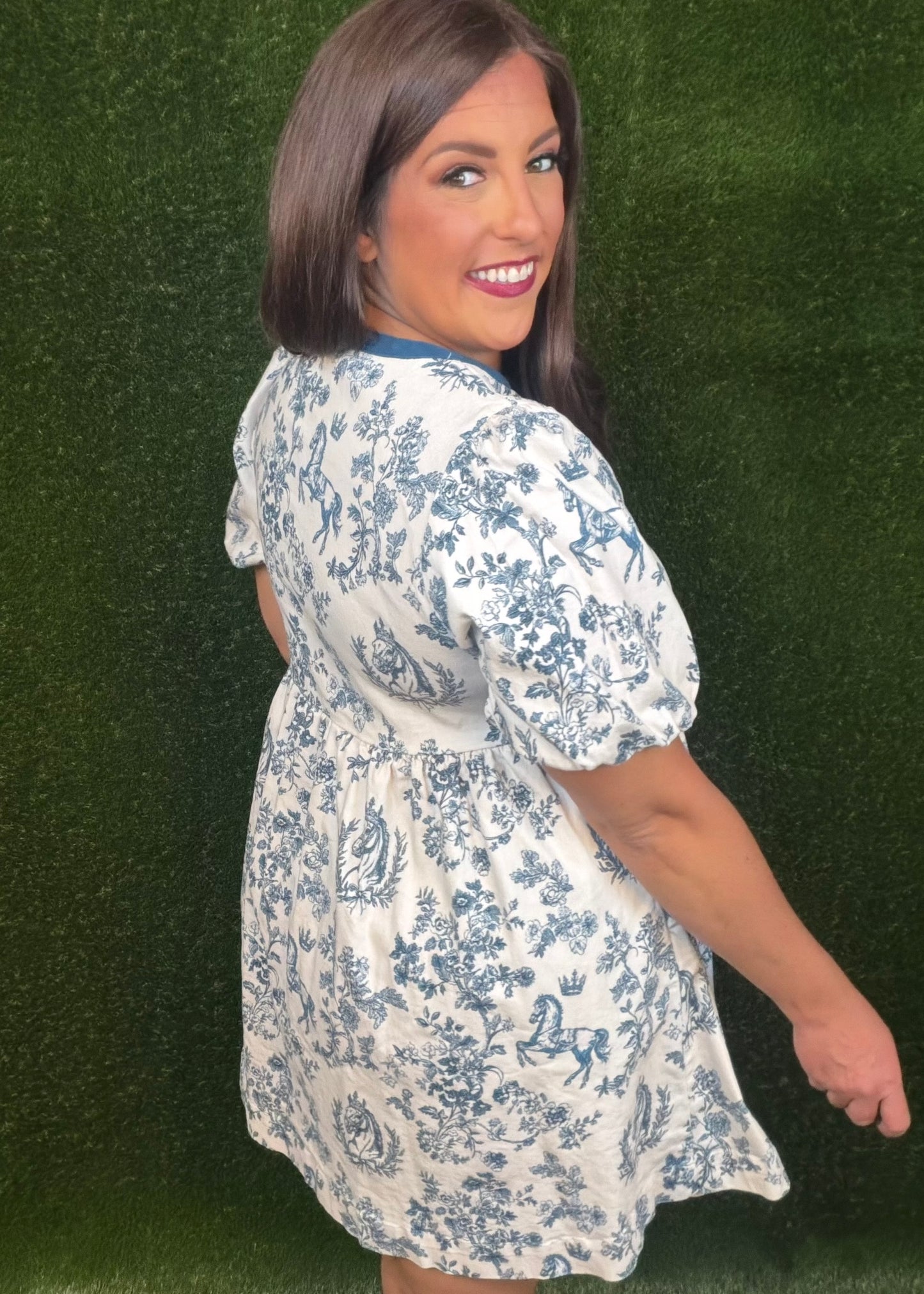 Vintage Horse Toile Print Short Dress - Navy/Off-White