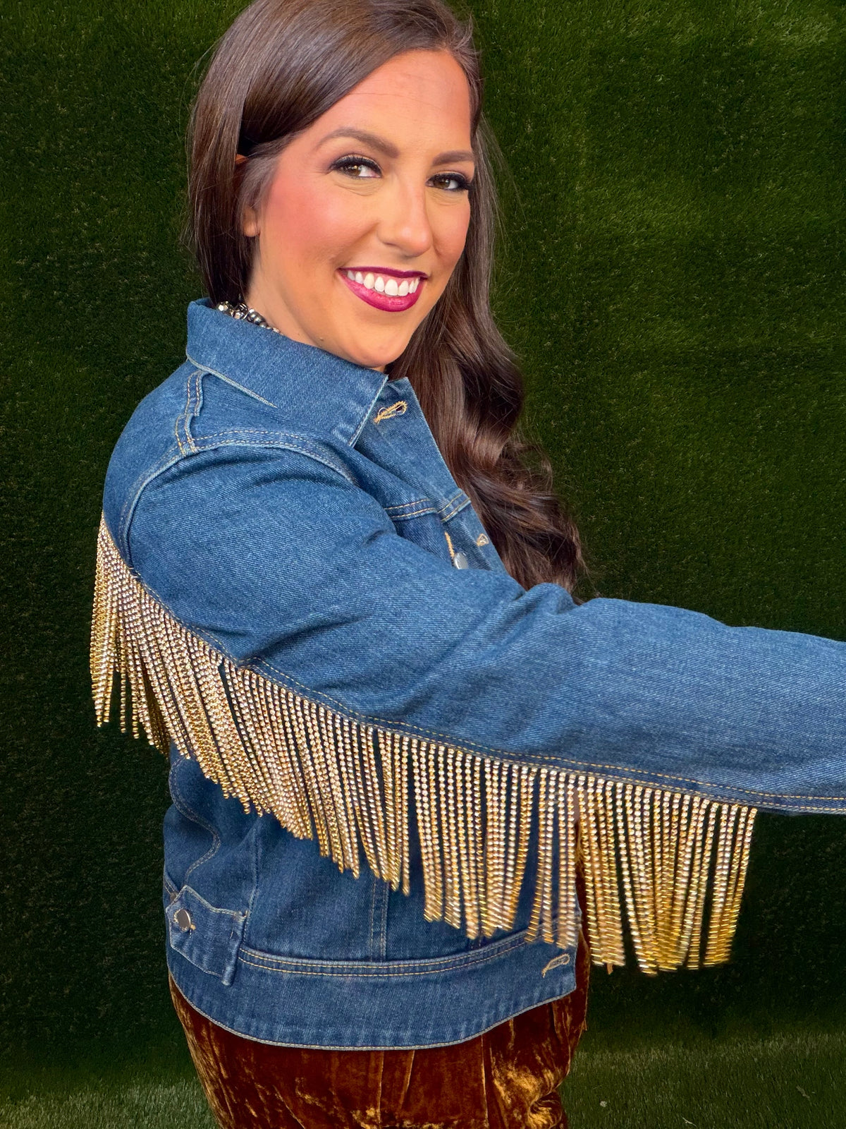 Gold Rhinestone Fringe Dark Denim Jean Jacket