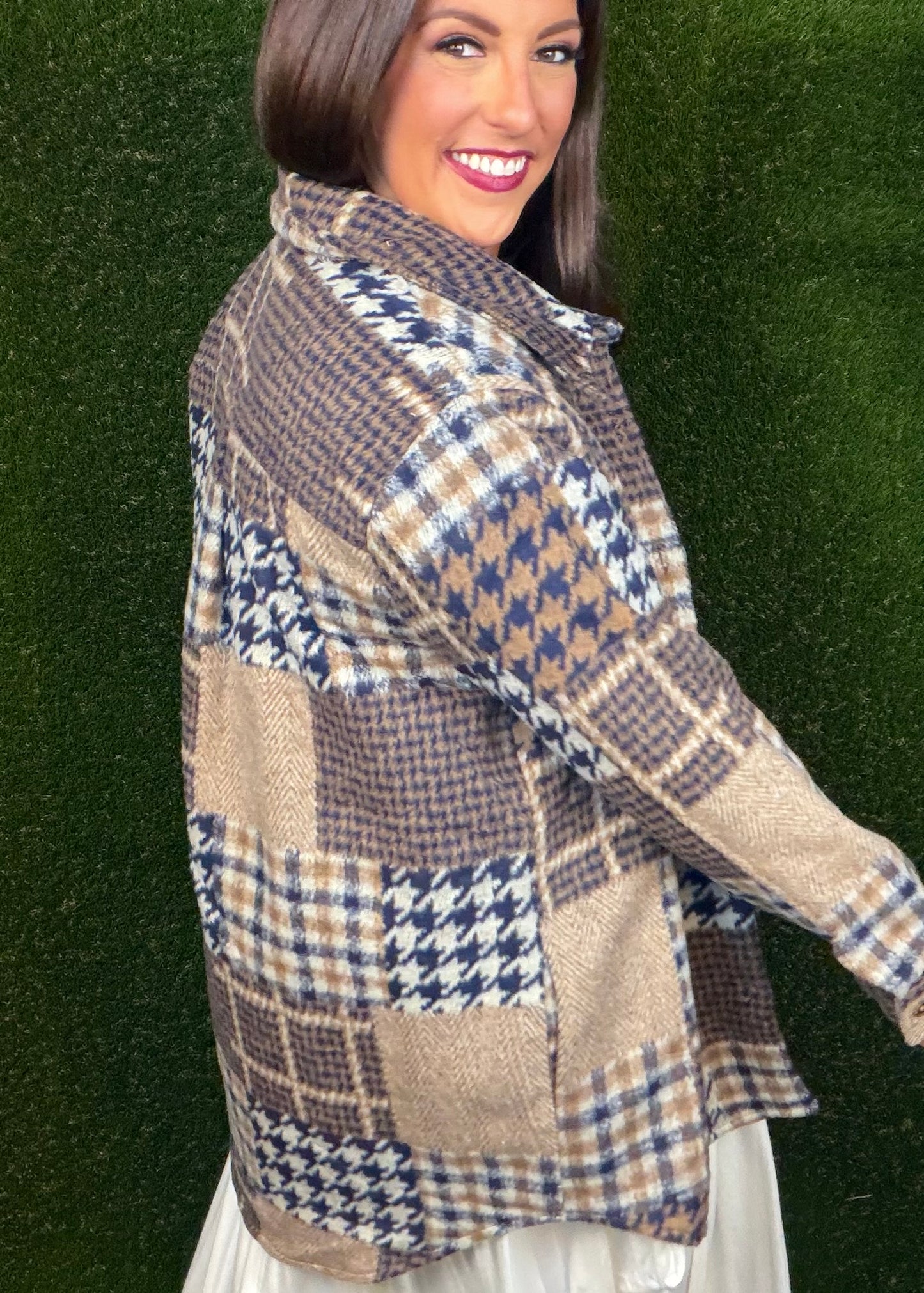 Fireside Coziness Houndstooth Plaid Shacket - Navy/Brown Mix
