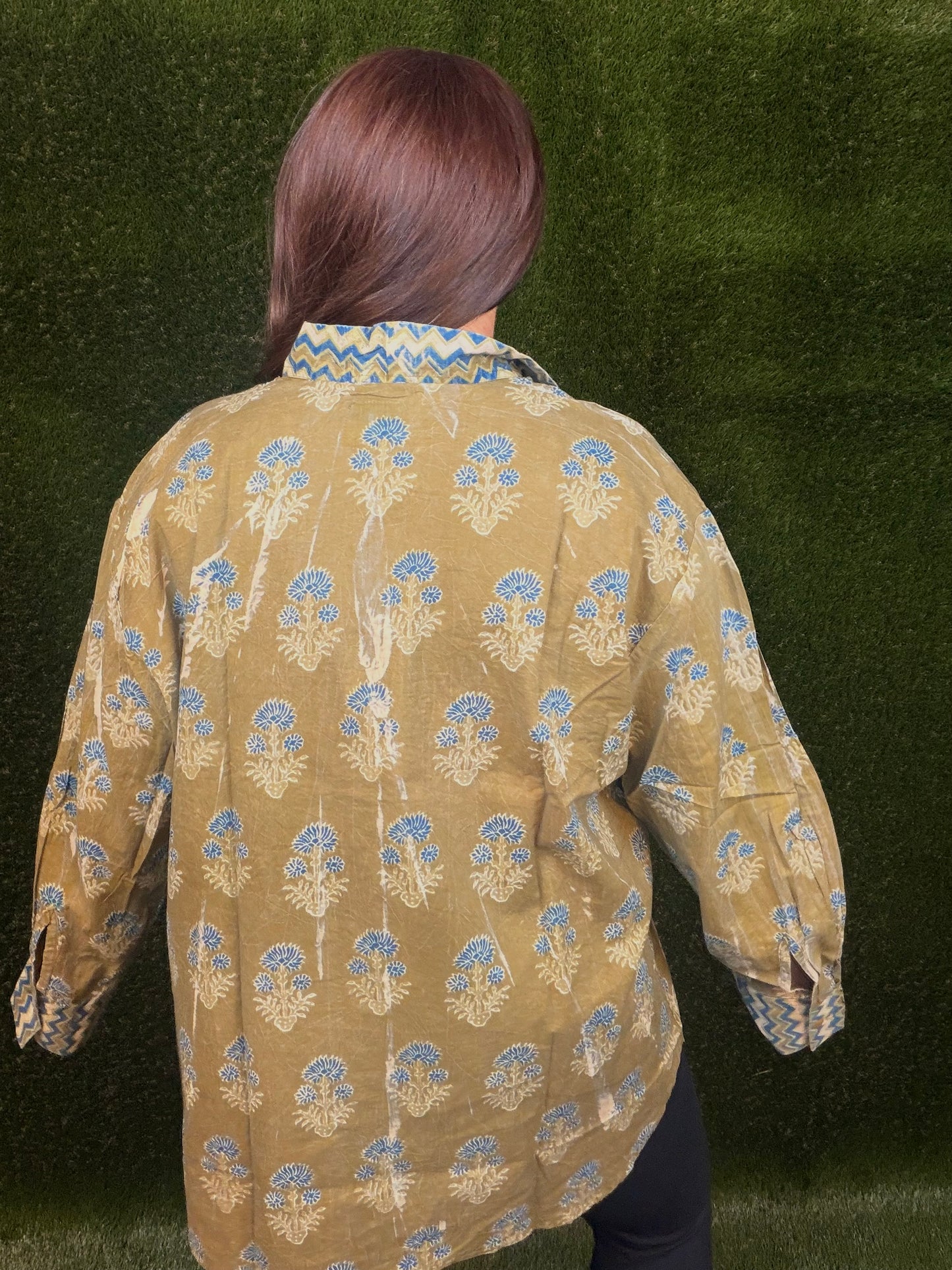 Peaceful Fields Button-Up Shirt - Olive Green with blue flowers