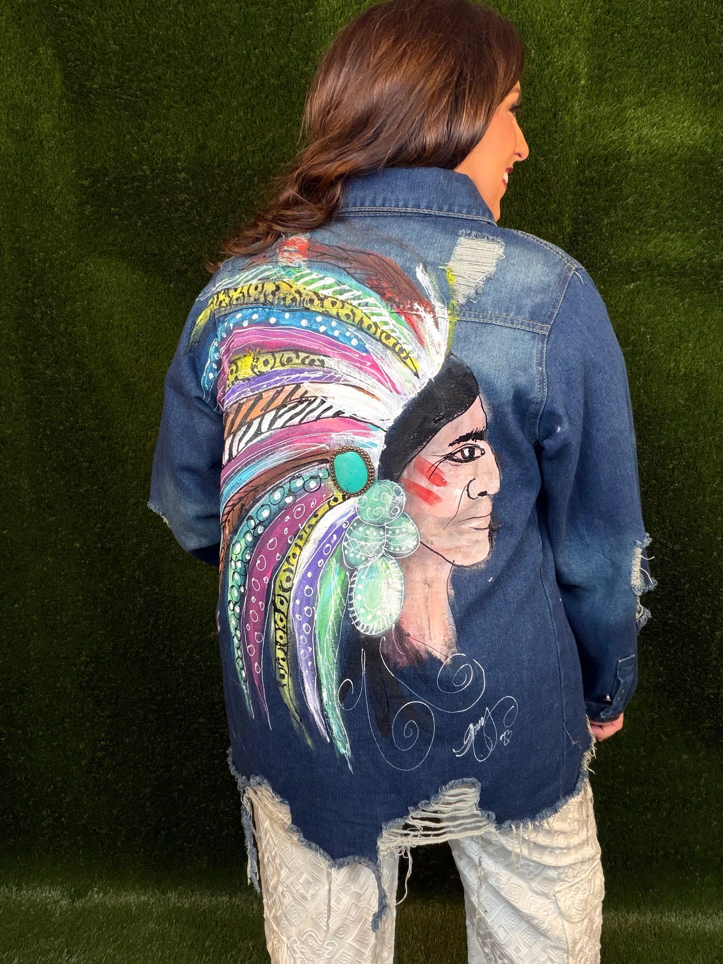Hand Painted Indian Chief Jacket - Dark Denim