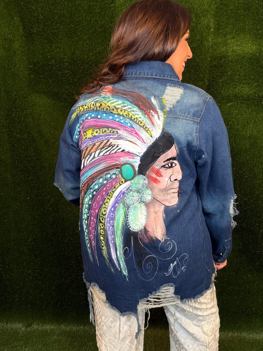 Hand Painted Indian Chief Jacket - Dark Denim