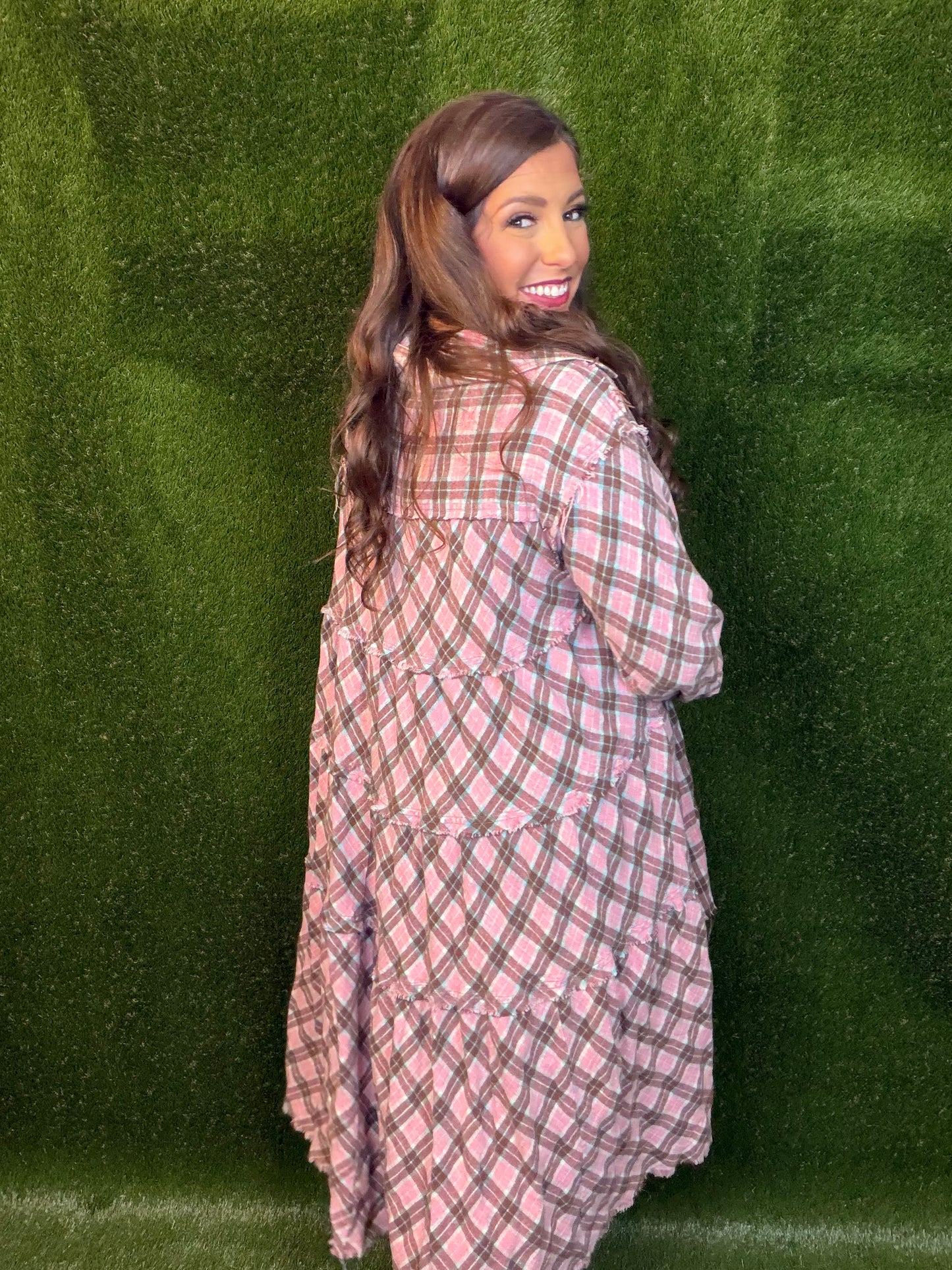 Tiered Check Plaid Dress - Pink/Light Aqua Blue