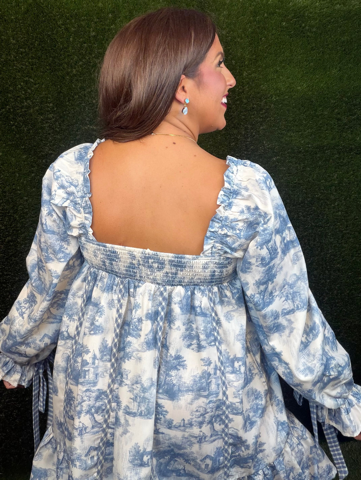 Roots & Ruffles Autumn Fall Toile Dress - Blue