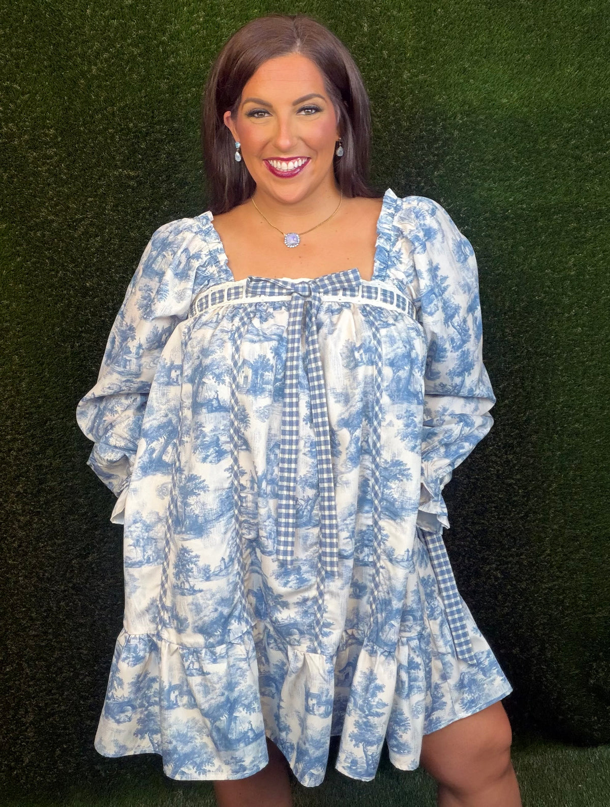 Roots & Ruffles Autumn Fall Toile Dress - Blue