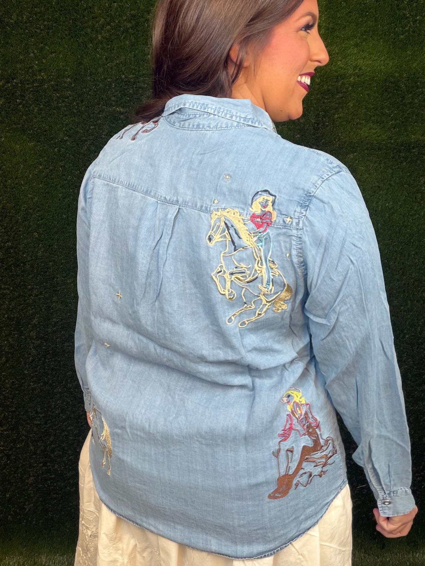 (1 Large Left) Denim Cowgirl Embroidered Button-Up