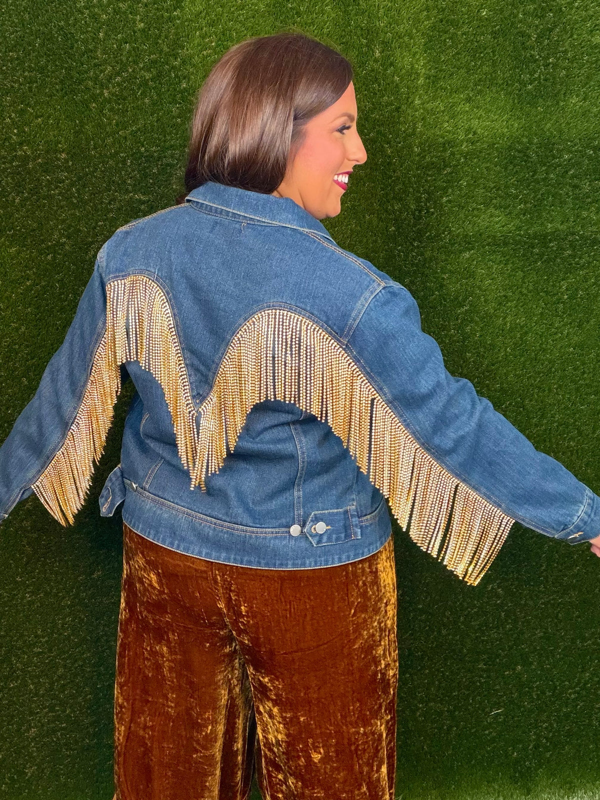 Gold Rhinestone Fringe Dark Denim Jean Jacket