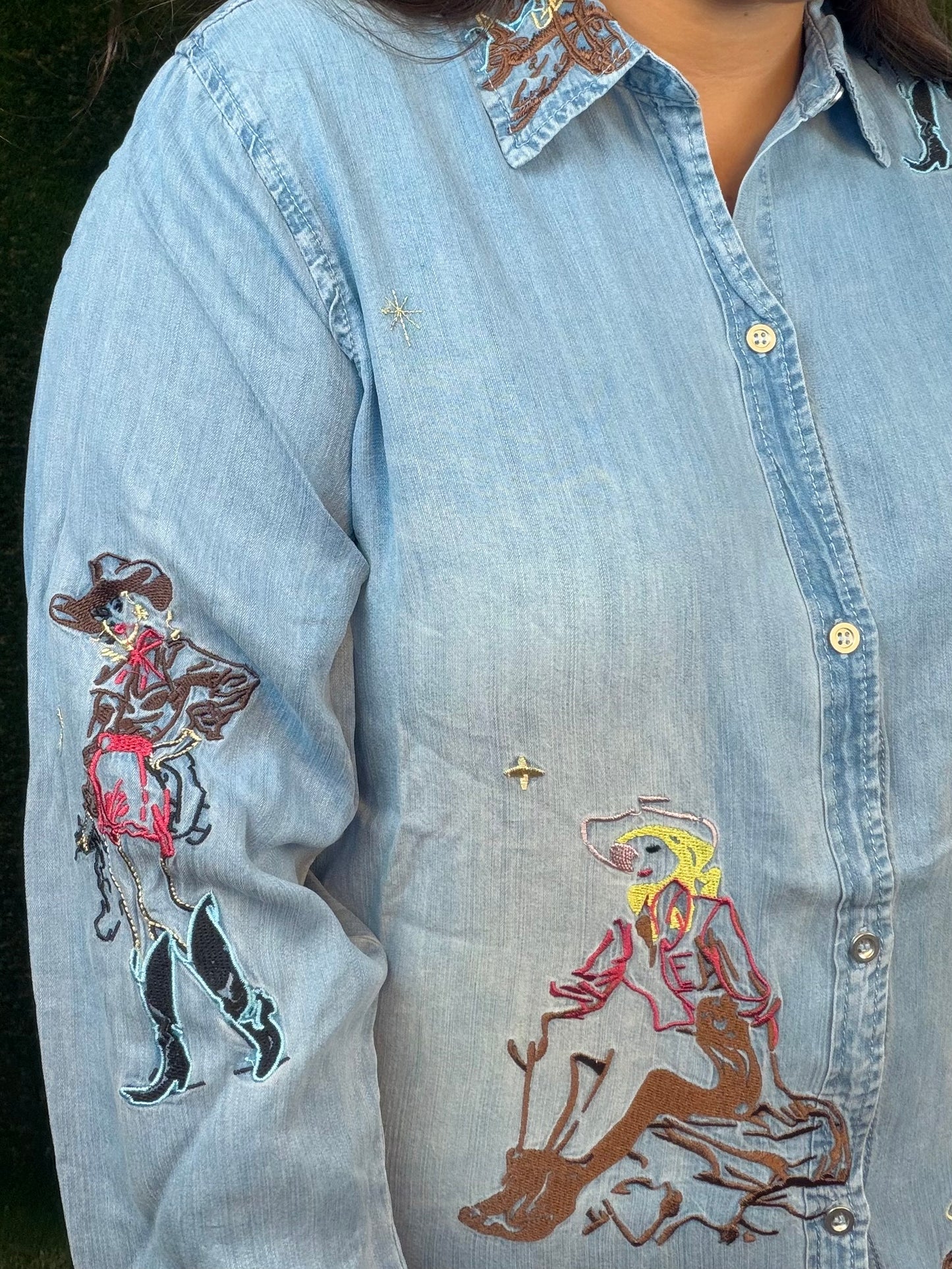 (1 Large Left) Denim Cowgirl Embroidered Button-Up
