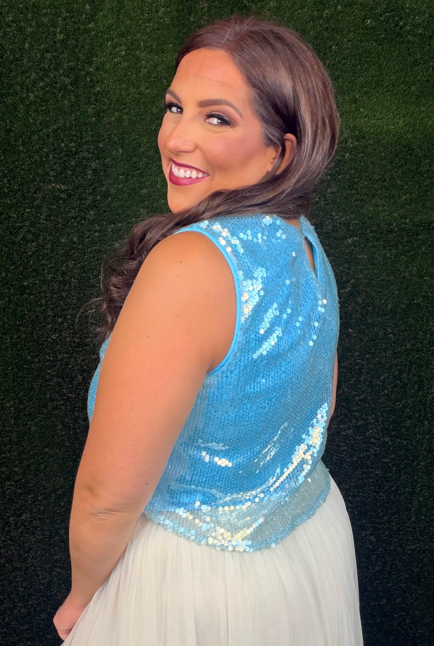 Sequin Boxy Crop Top - Aqua Blue