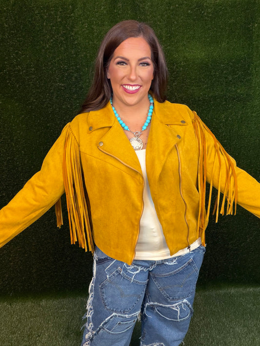 Fringe Back Suede Moto Jacket - Mustard
