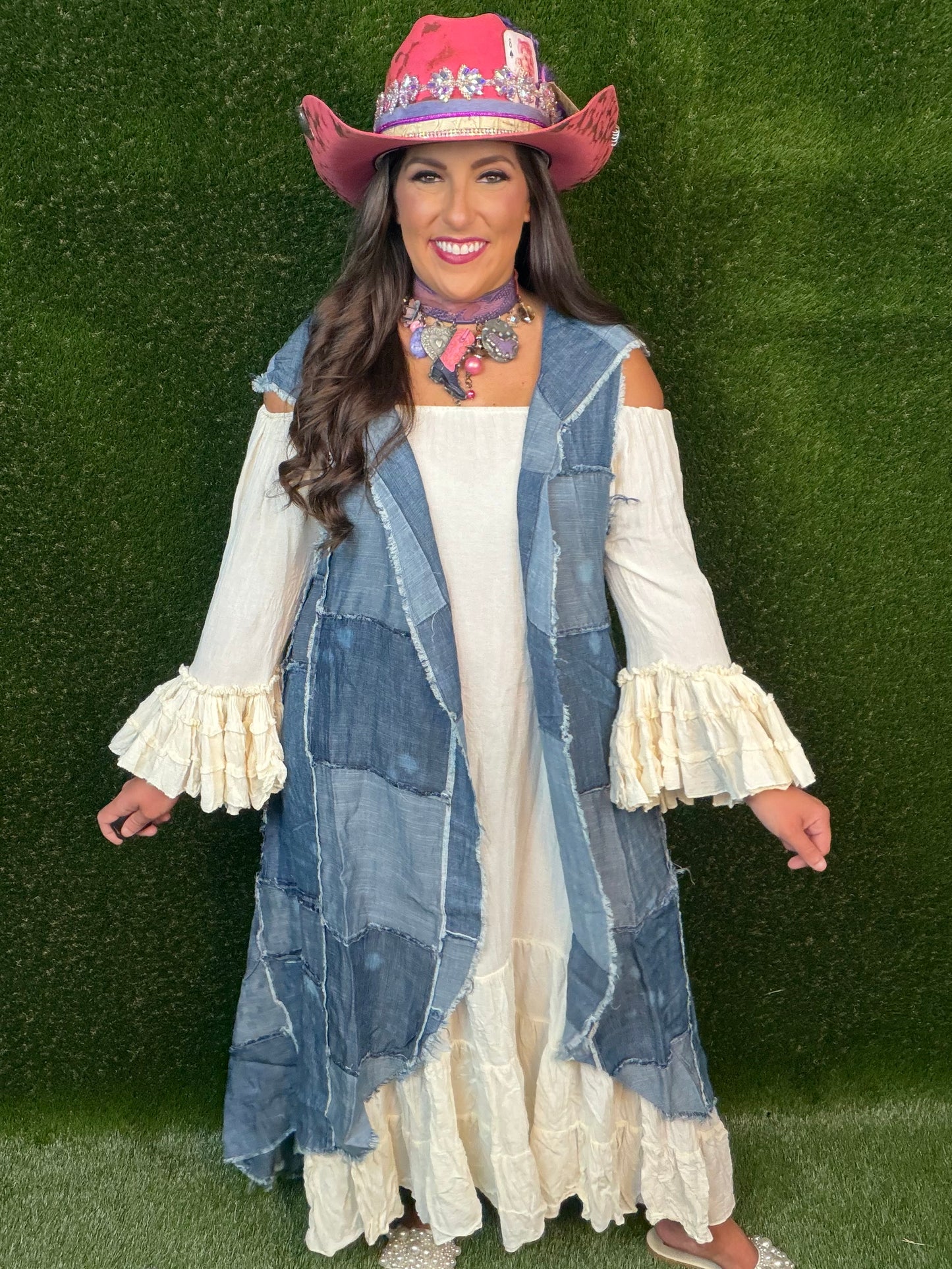 Patchwork Skies Hooded Vest Duster