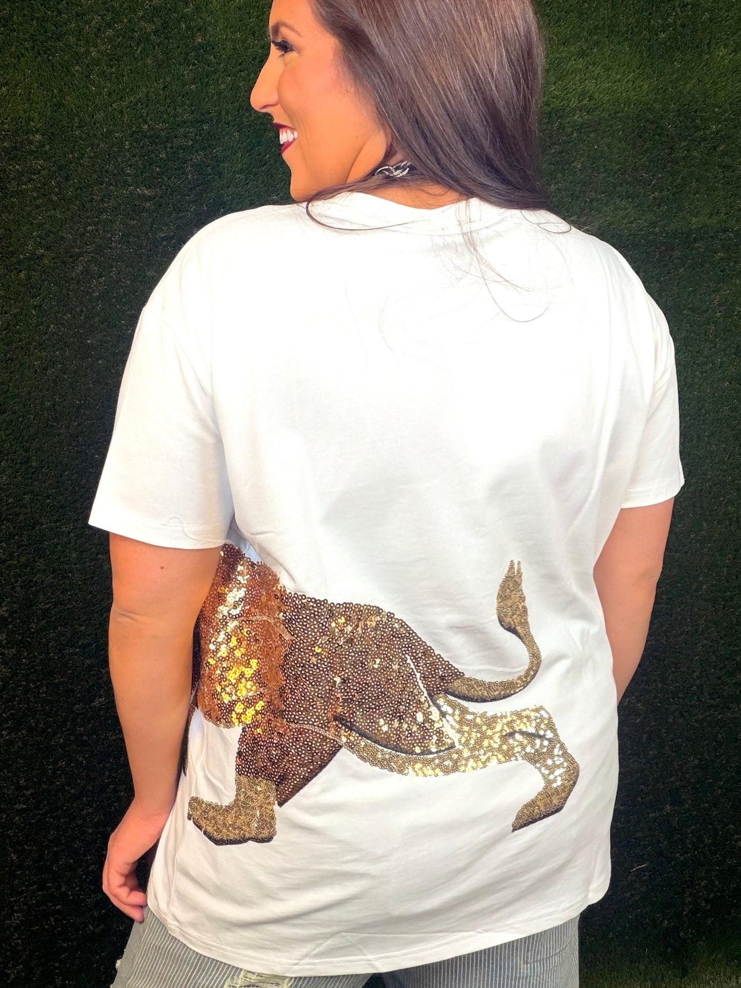 Sequin Embroidered Lion Graphic Tee - White