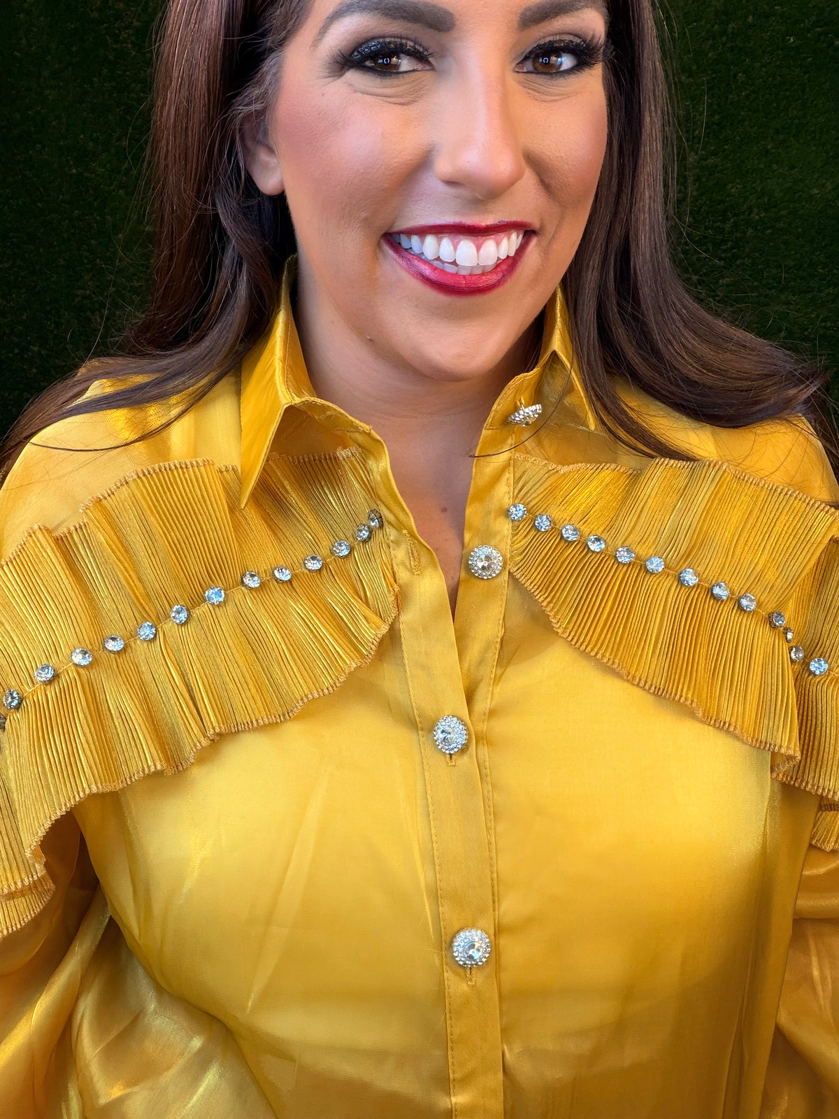 Mustard Gold Shimmer Ruffle Top