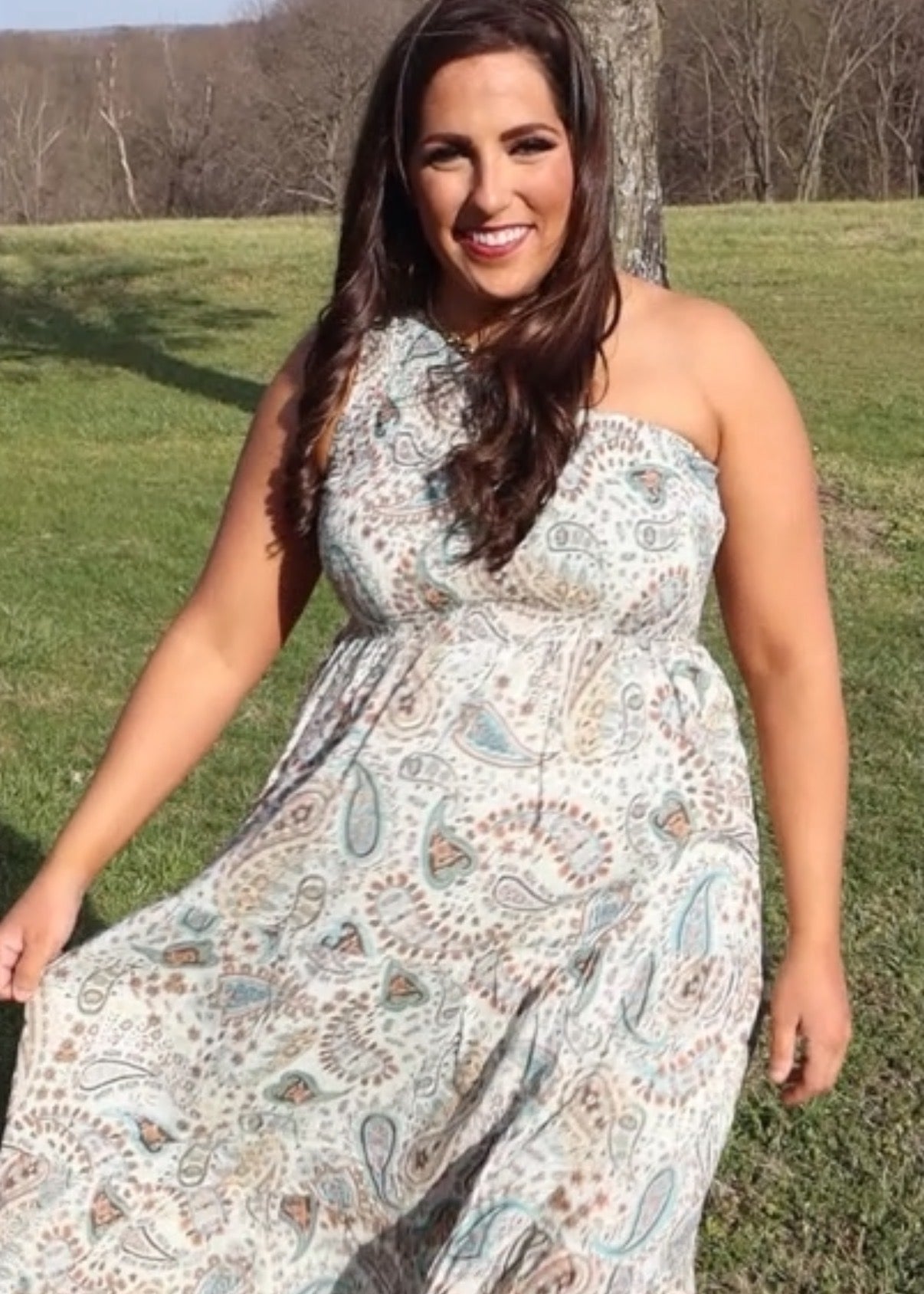 One shoulder Paisley Midi Dress - Mint