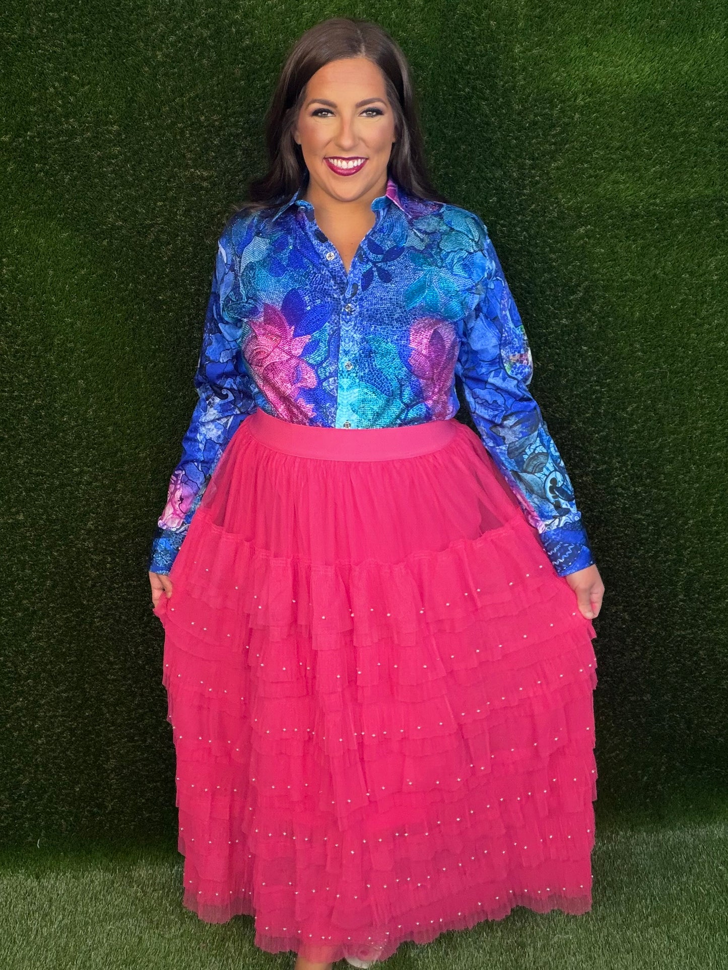 Pearl Embellished Maxi Tulle Skirt - Hot Pink