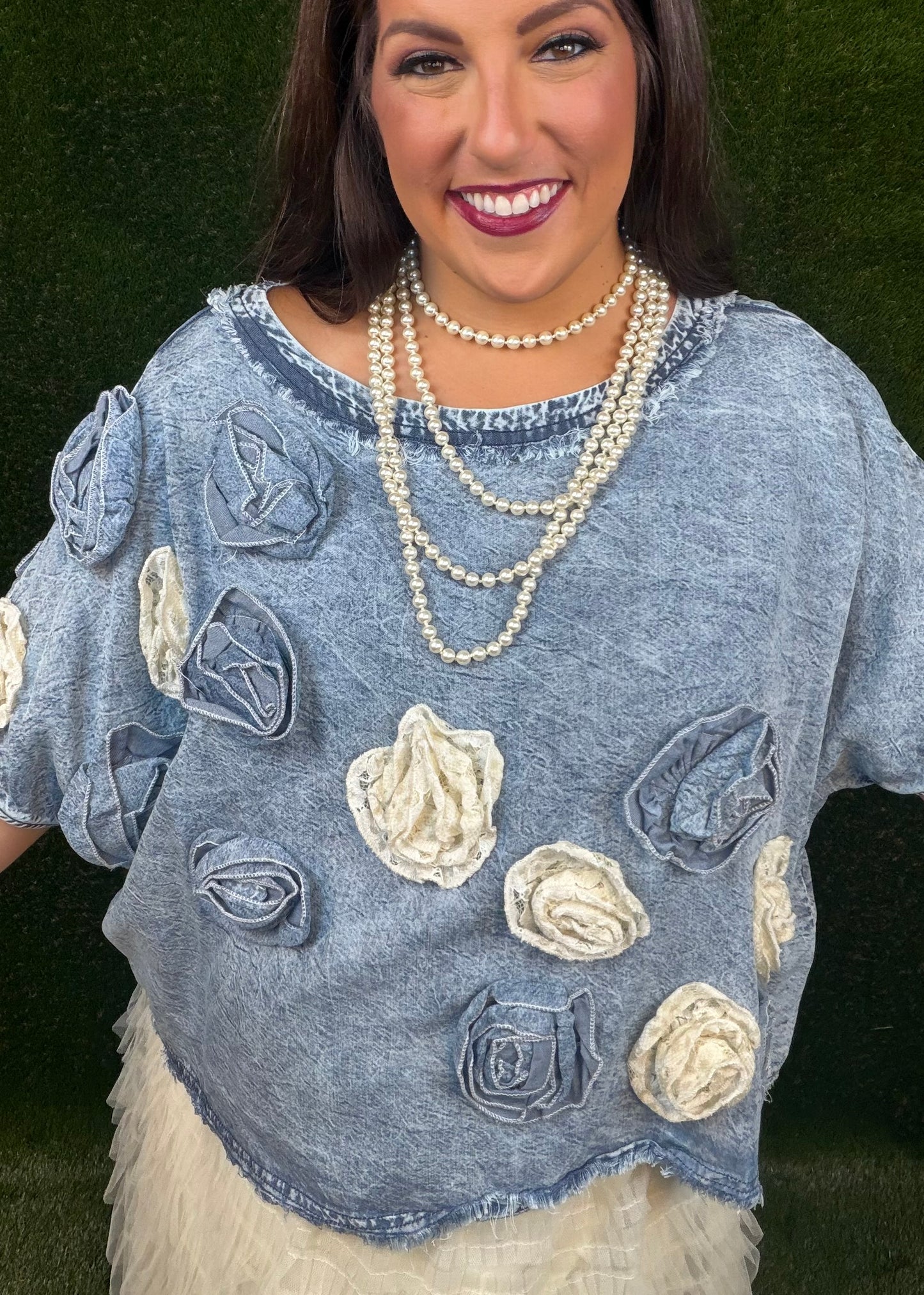 Washed 3D Flower Woven Top - Denim