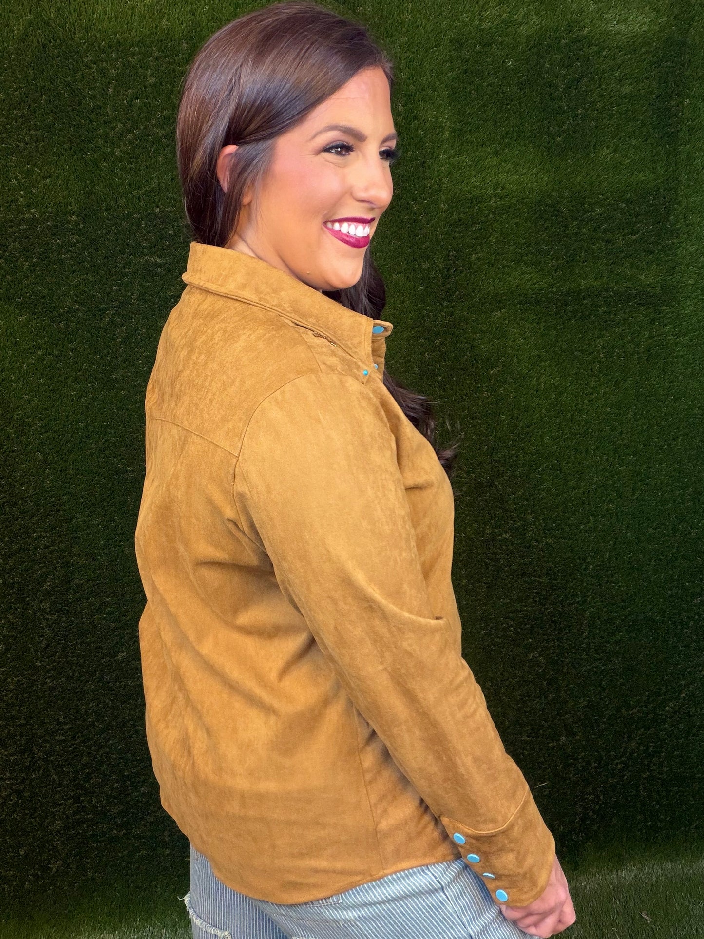 Suede Western Embellished Yoke Snap Up Blouse - Camel