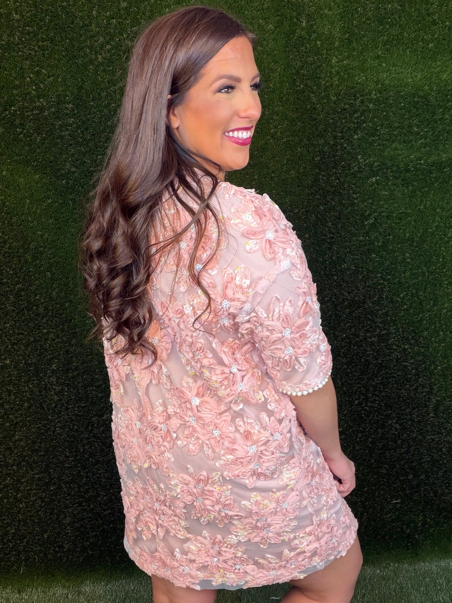 Floral Embroidery Short Dress - Pink