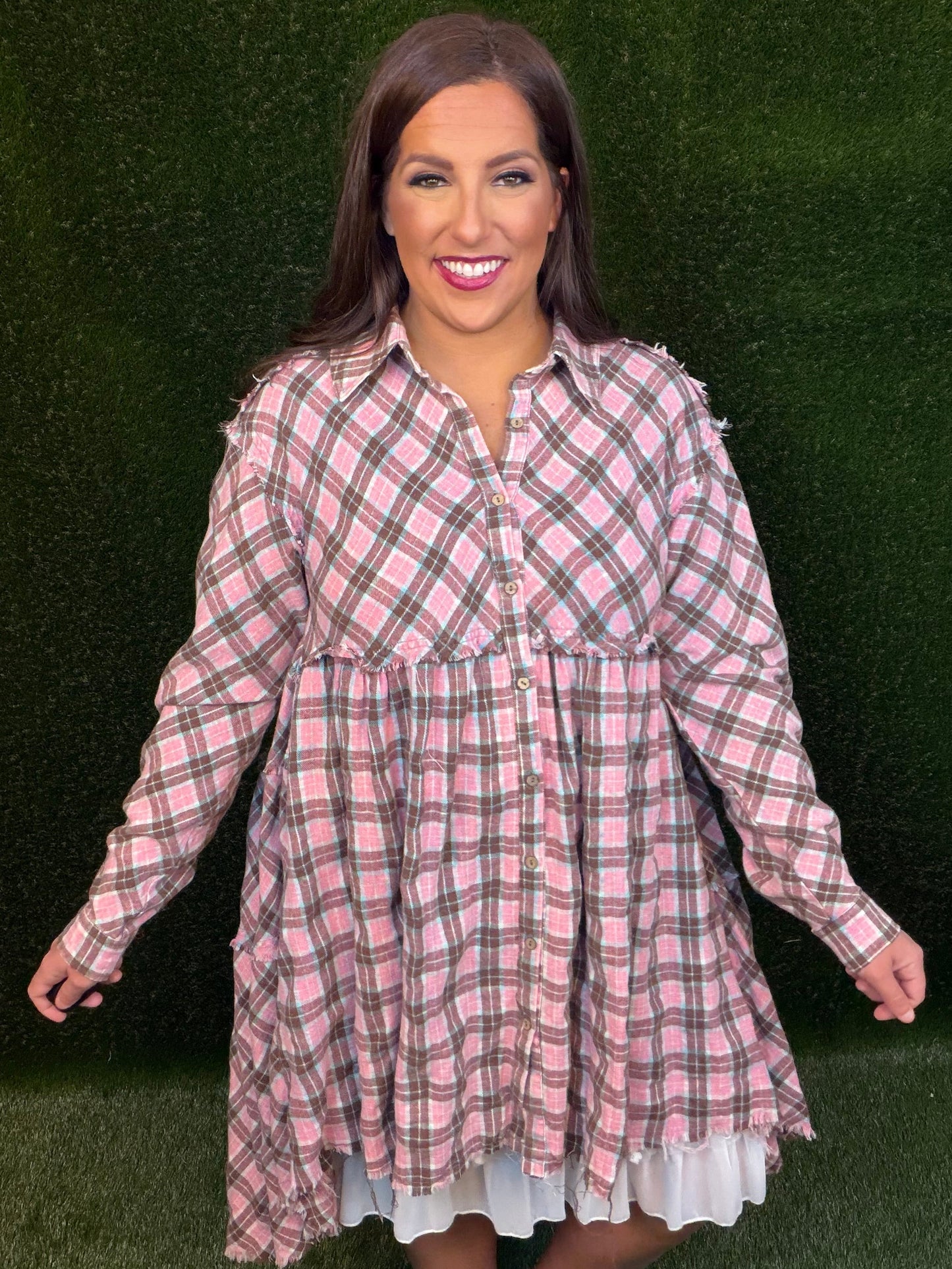 Tiered Check Plaid Dress - Pink/Light Aqua Blue
