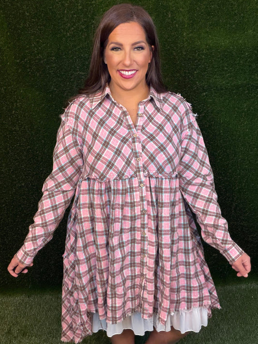 Tiered Check Plaid Dress - Pink/Light Aqua Blue