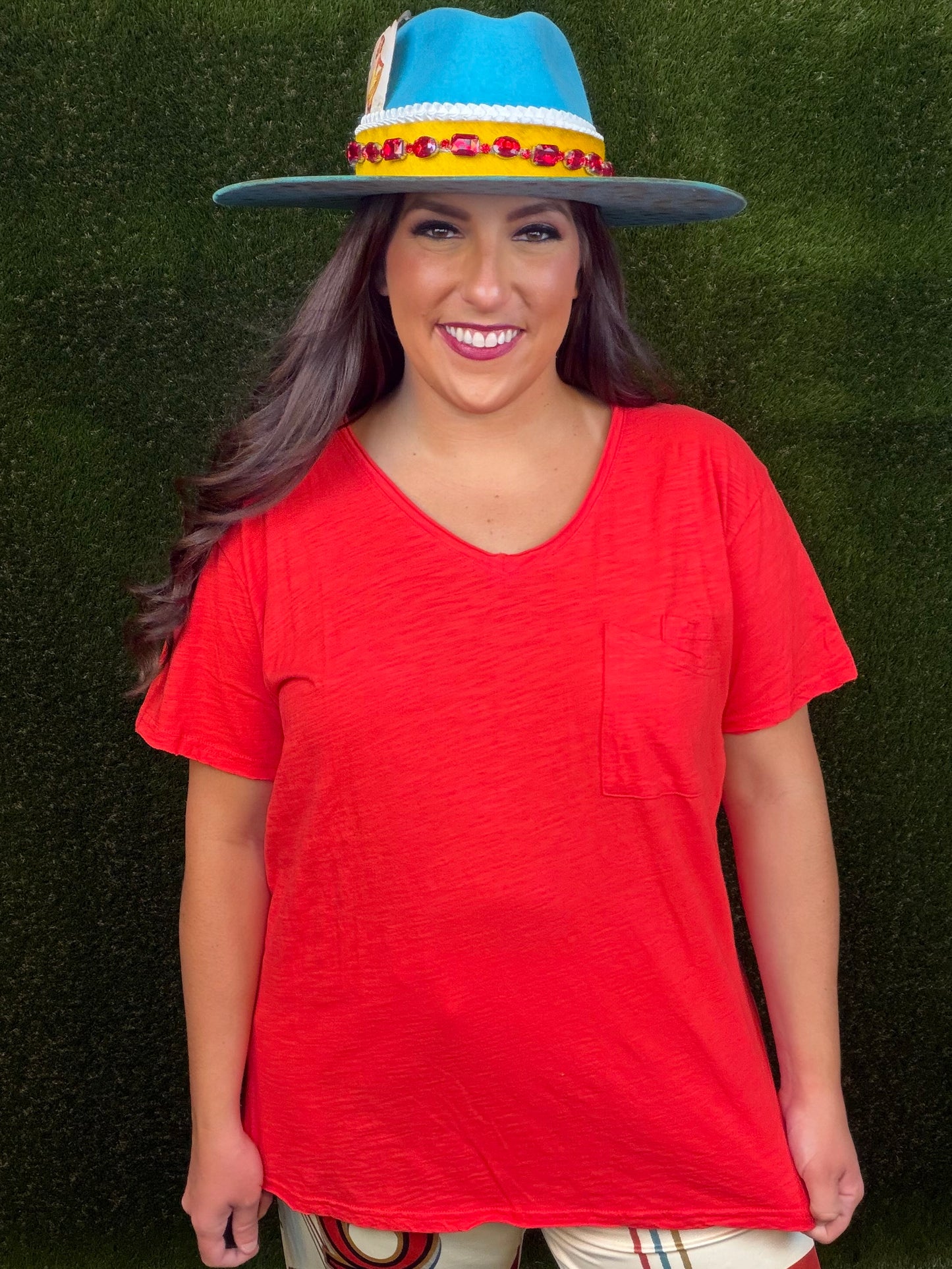Moon Dance Solid V-Neck Tee - Red