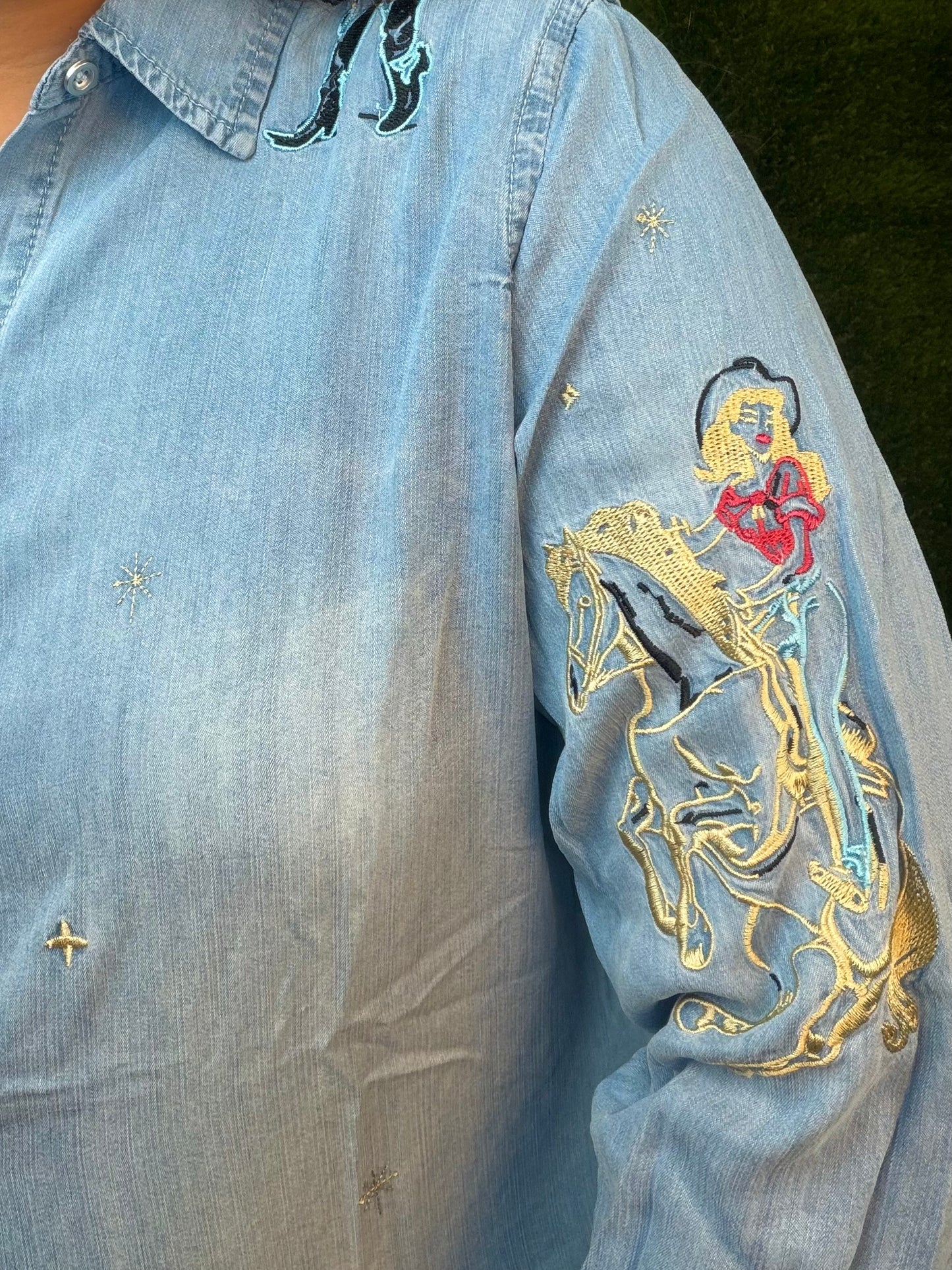 (1 Large Left) Denim Cowgirl Embroidered Button-Up